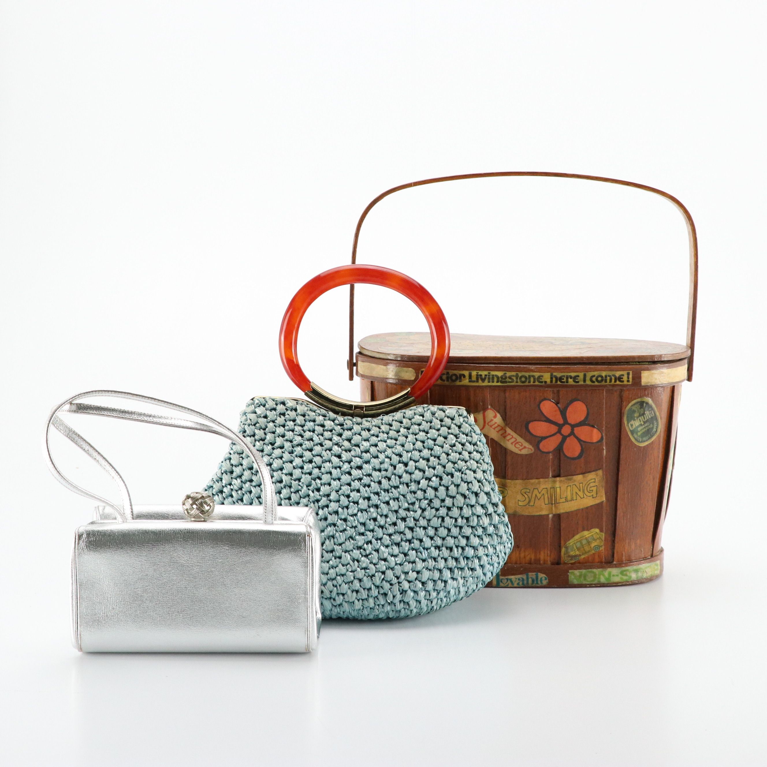 Coblentz Silver Leather Evening Bag, Crochet Straw Handbag, Wooden Basket Bag