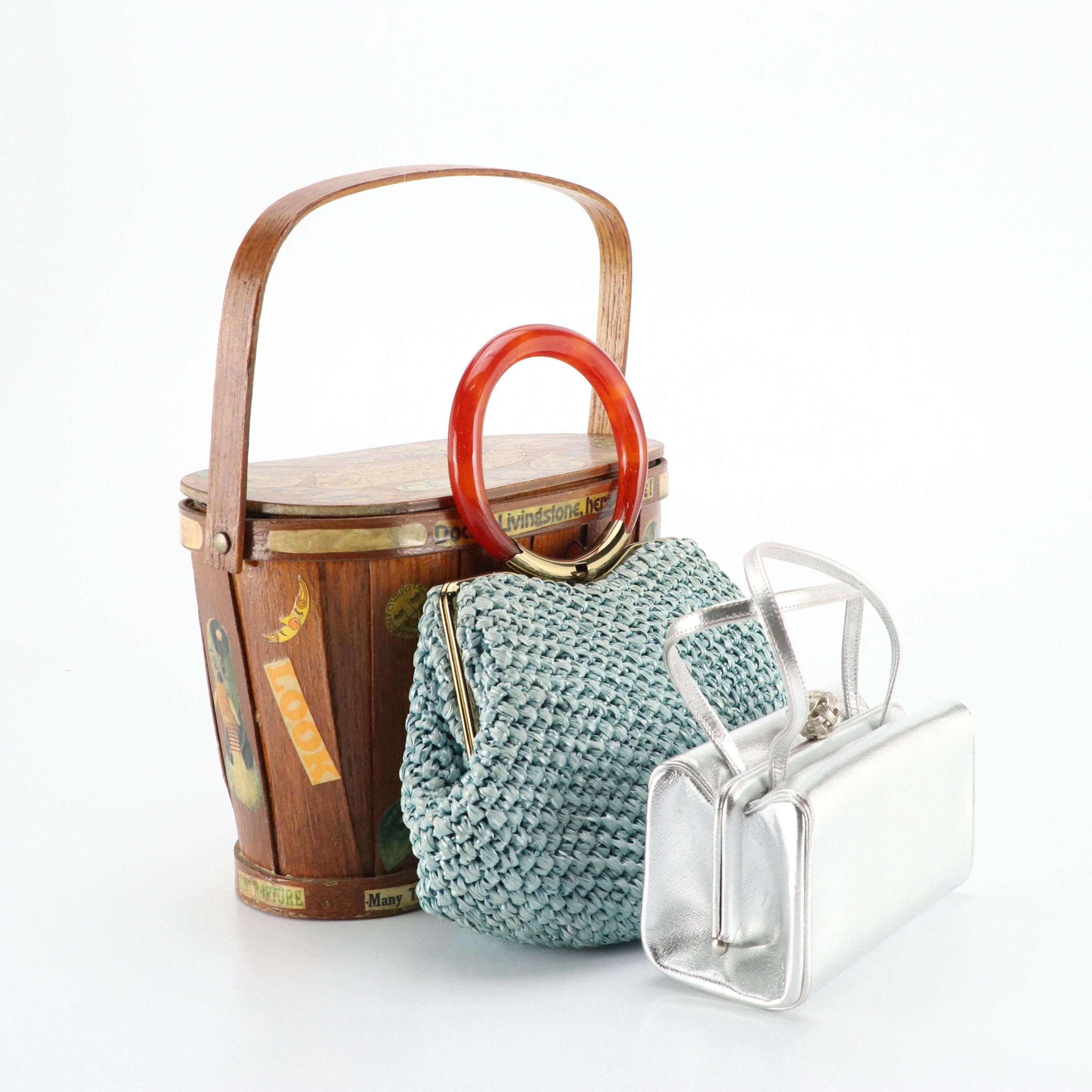 Coblentz Silver Leather Evening Bag, Crochet Straw Handbag, Wooden Basket Bag