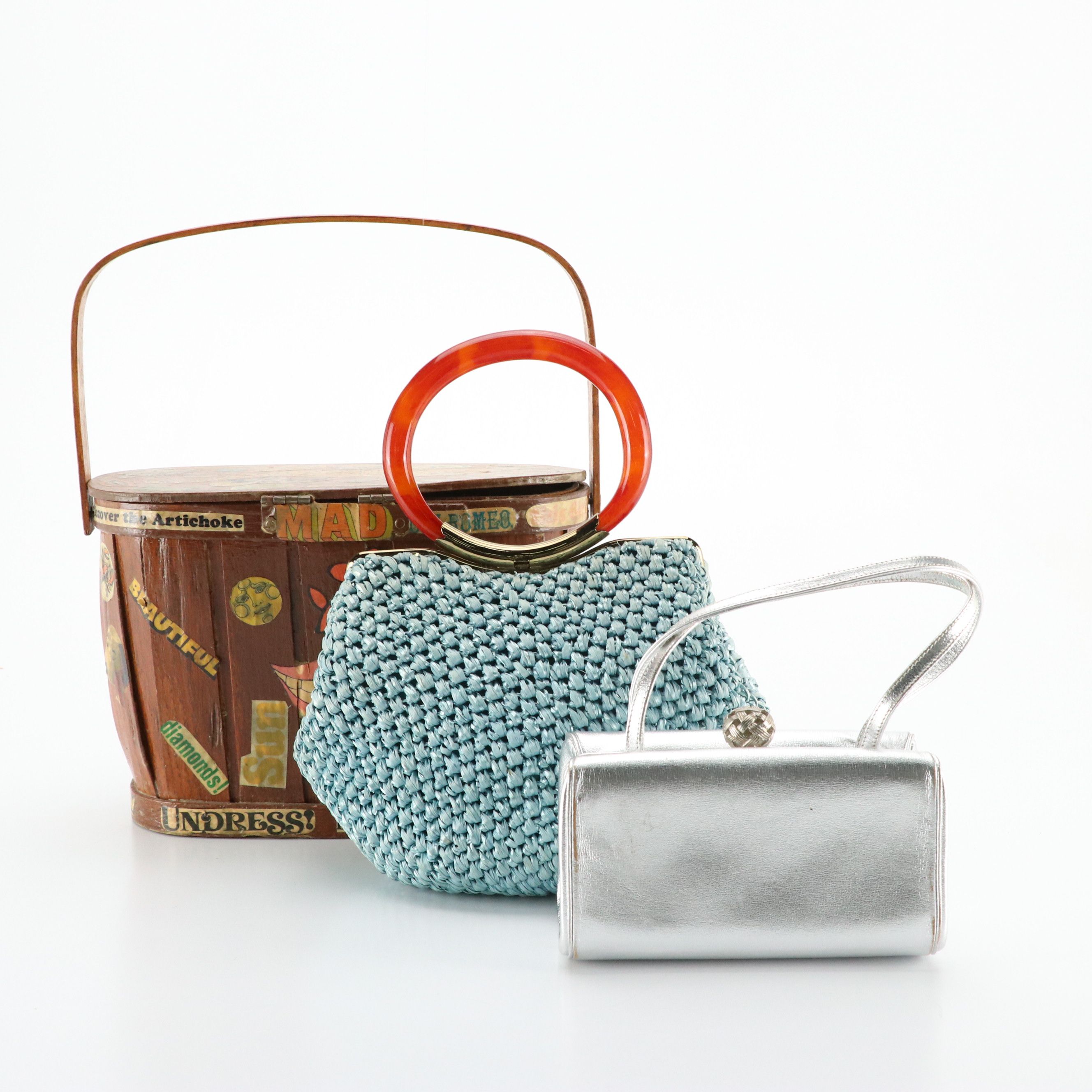 Coblentz Silver Leather Evening Bag, Crochet Straw Handbag, Wooden Basket Bag