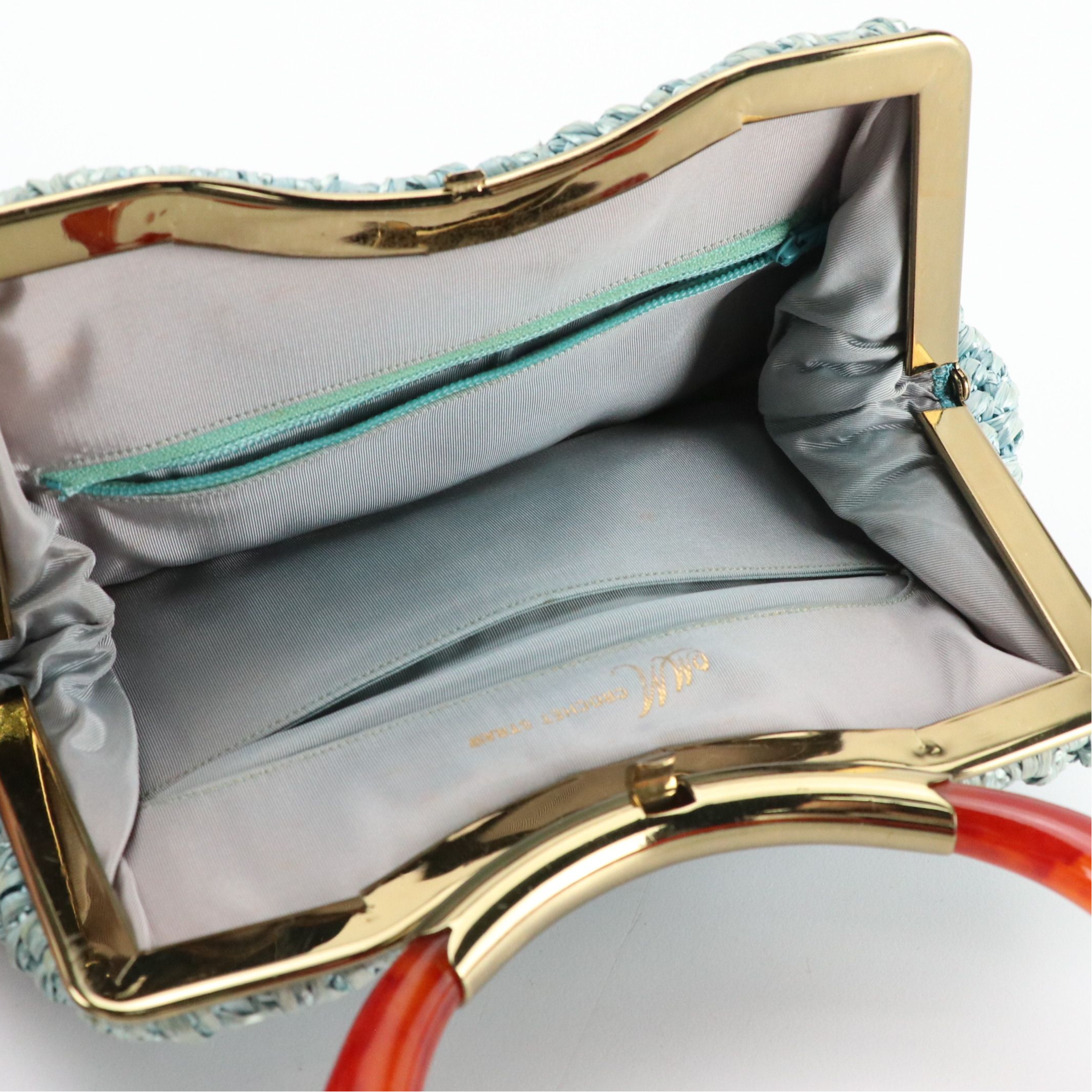 Coblentz Silver Leather Evening Bag, Crochet Straw Handbag, Wooden Basket Bag