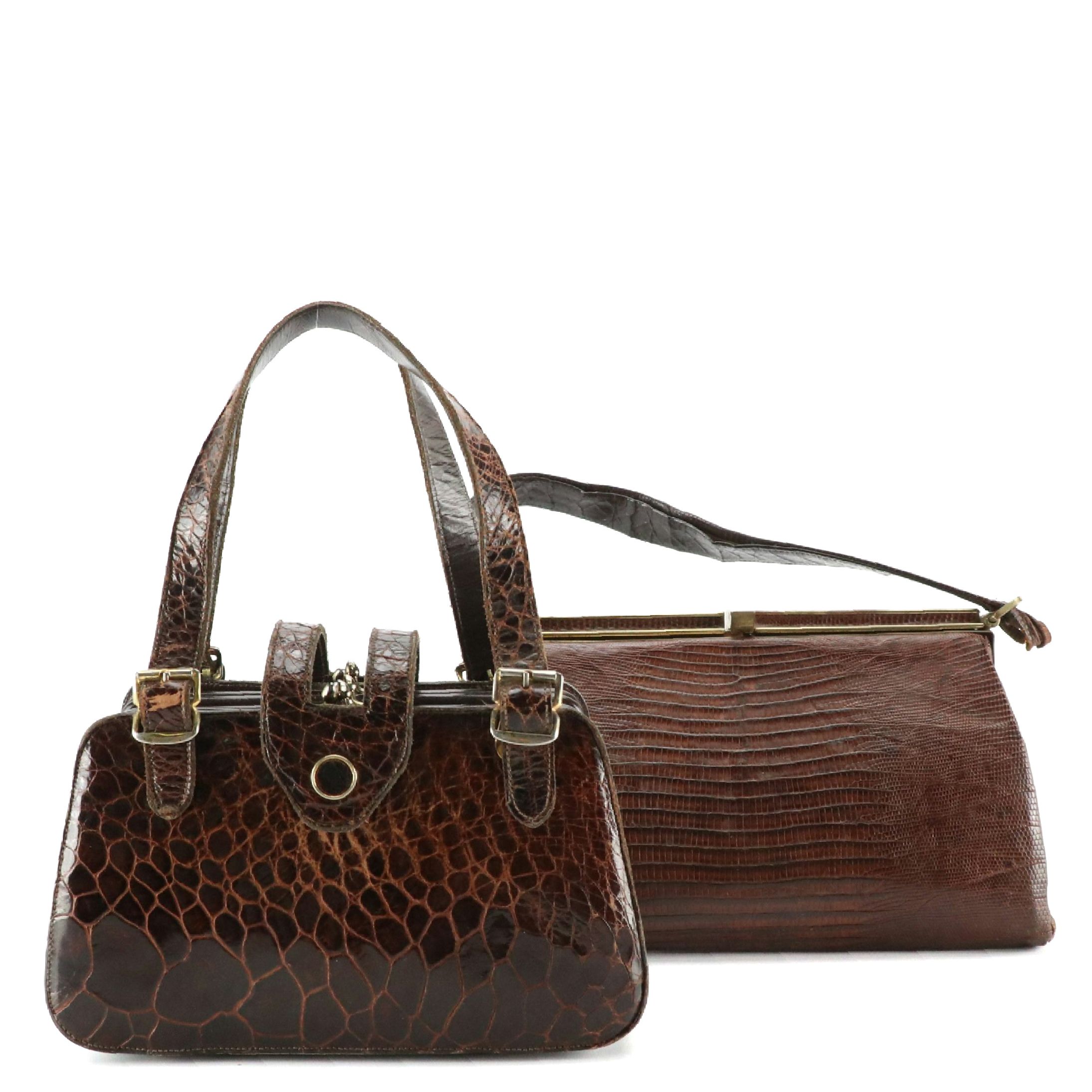 Bellestone Brown Lizard Skin Leather Frame Handbag, Other Vintage Accordion Bag