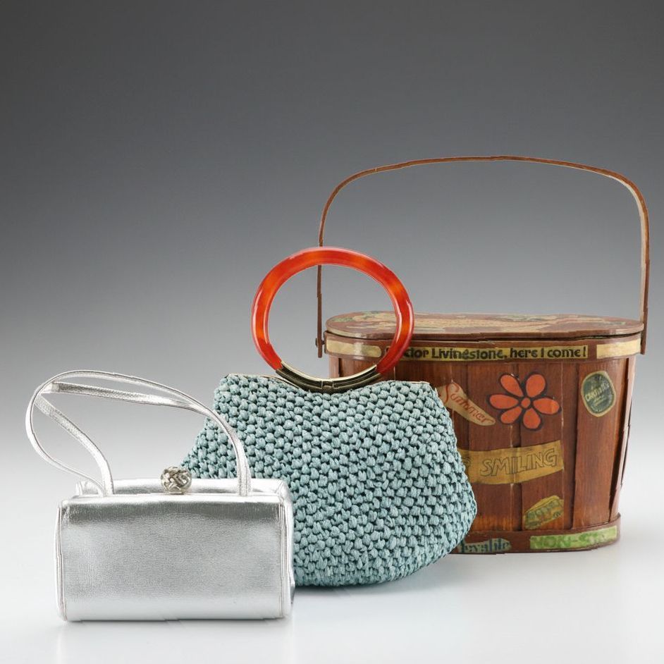 Coblentz Silver Leather Evening Bag, Crochet Straw Handbag, Wooden Basket Bag