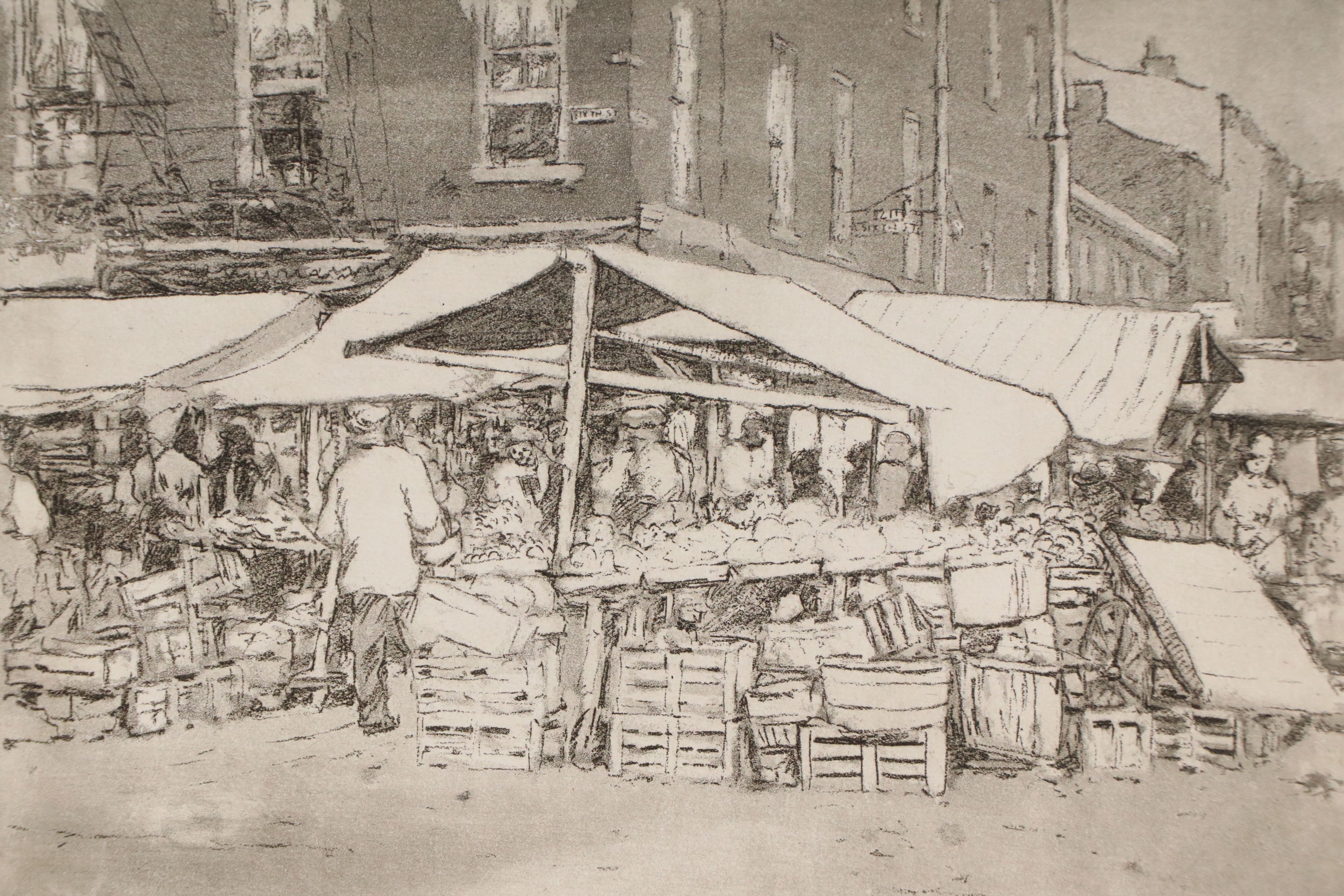 Edward Timothy Hurley Etching with Aquatint "Sixth St. Market," 1917