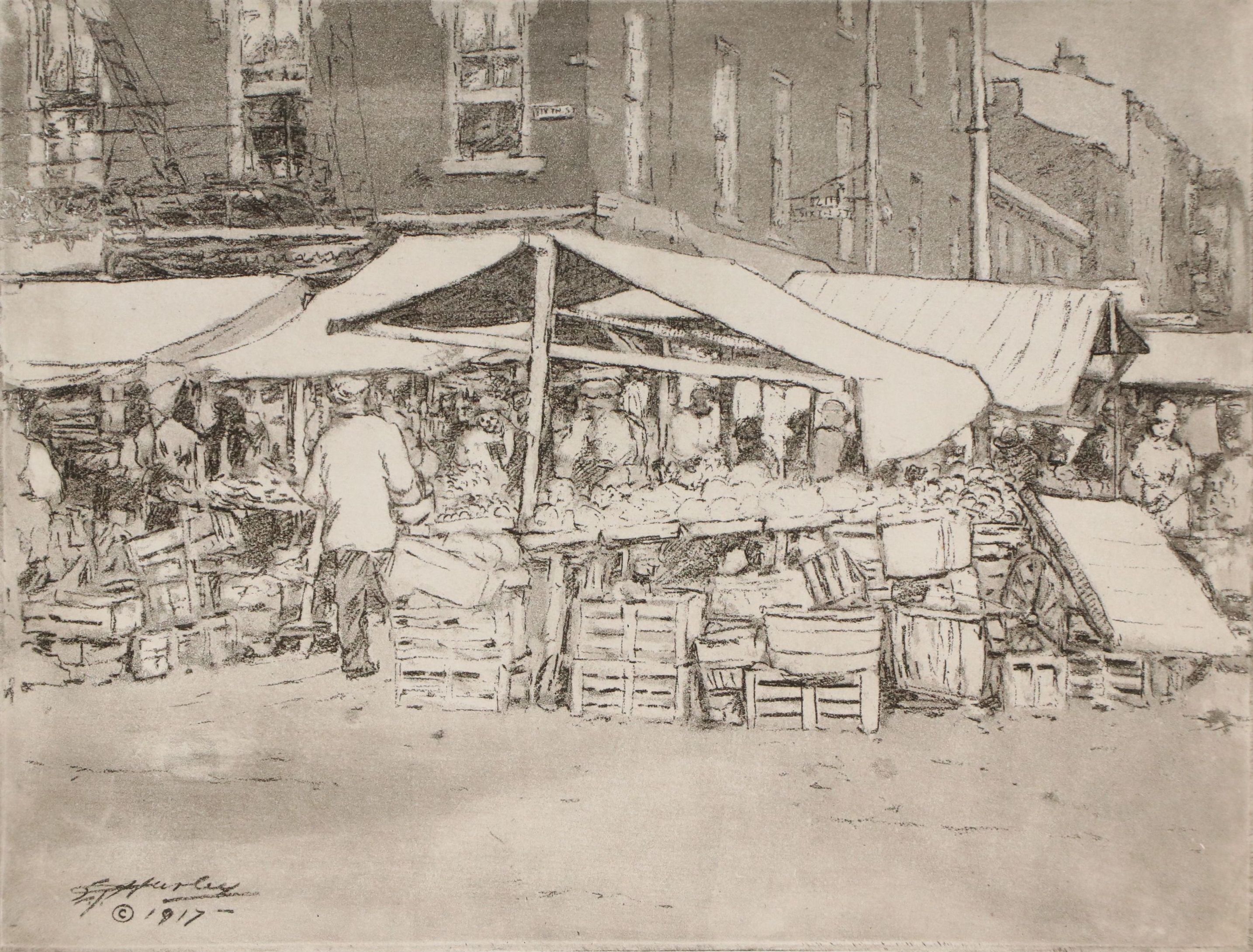Edward Timothy Hurley Etching with Aquatint "Sixth St. Market," 1917