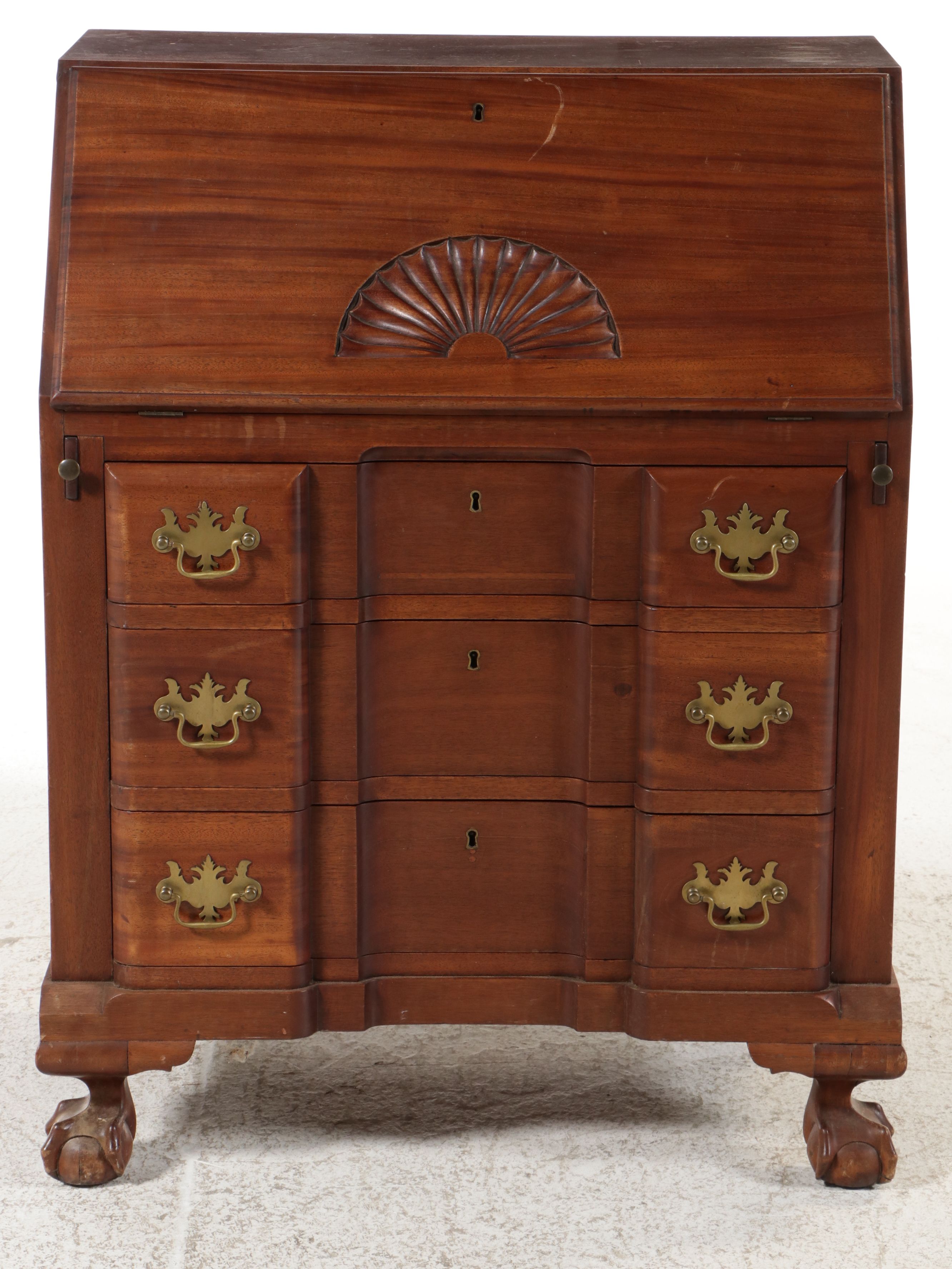 Chippendale Style Block-Front Mahogany Slant-Front Desk, 20th Century