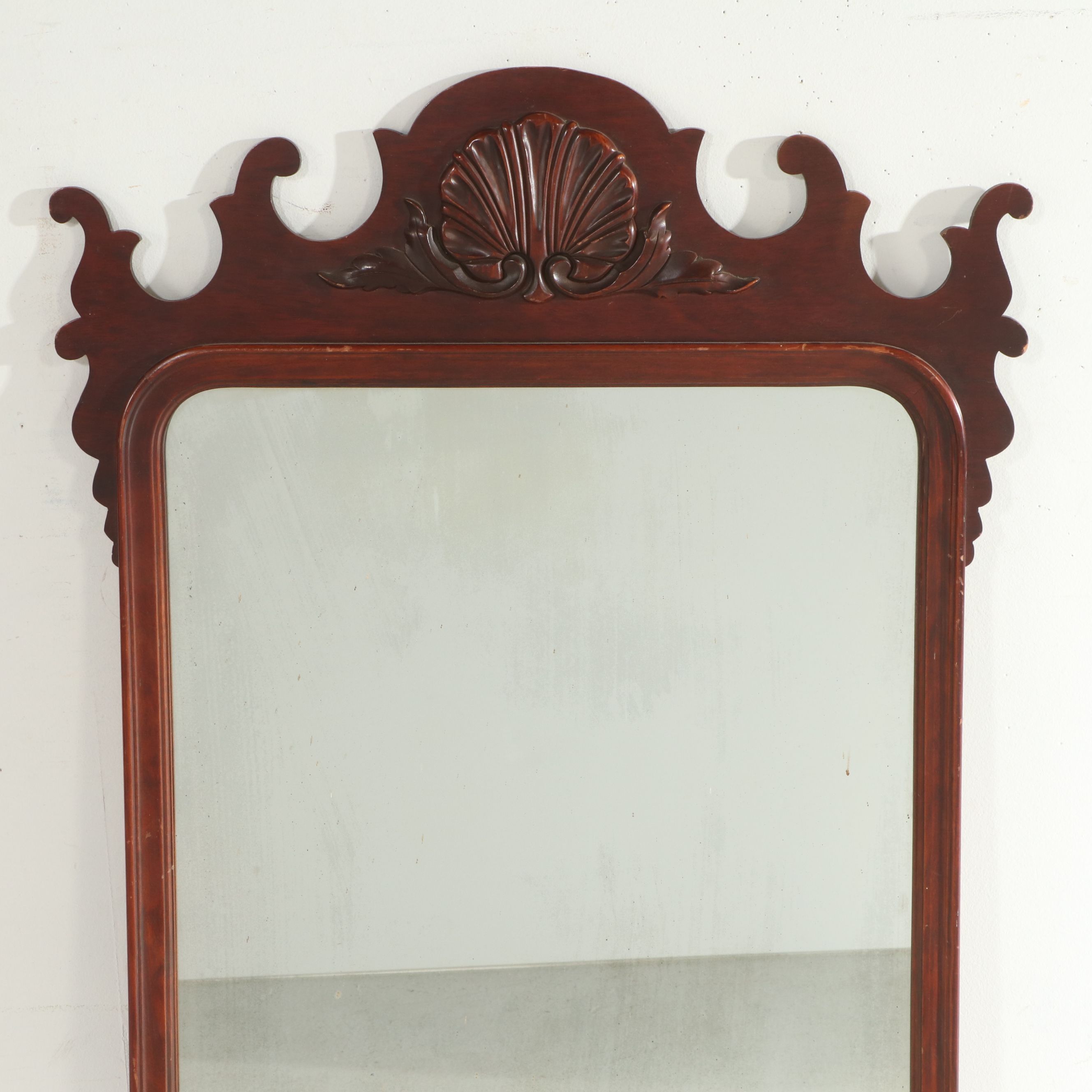 Queen Anne Style Mahogany Wall Mirror with Carved Shell Crest