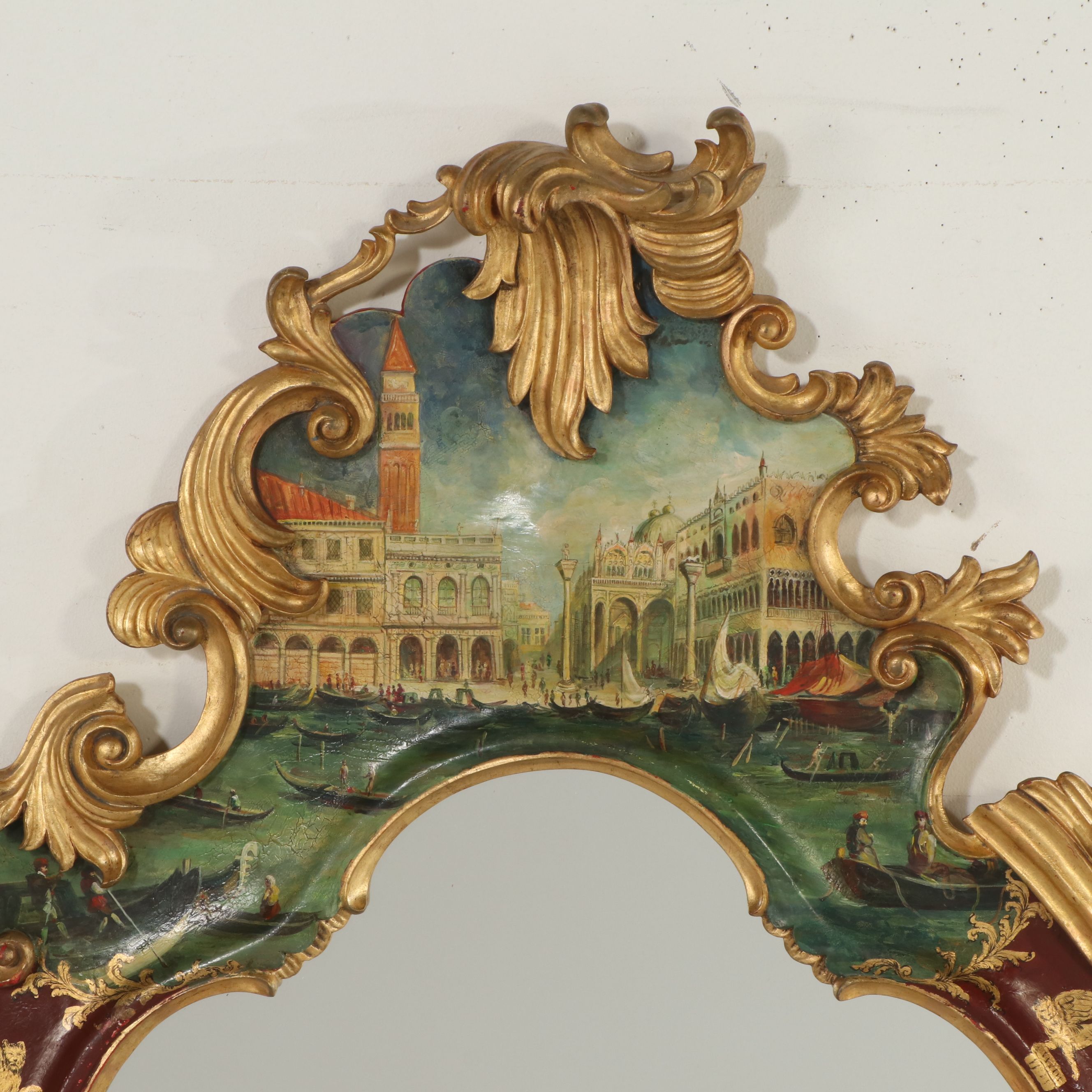 Venetian "Veduta" Rococo Style Hand-Painted and Parcel Gilt Wall Mirror