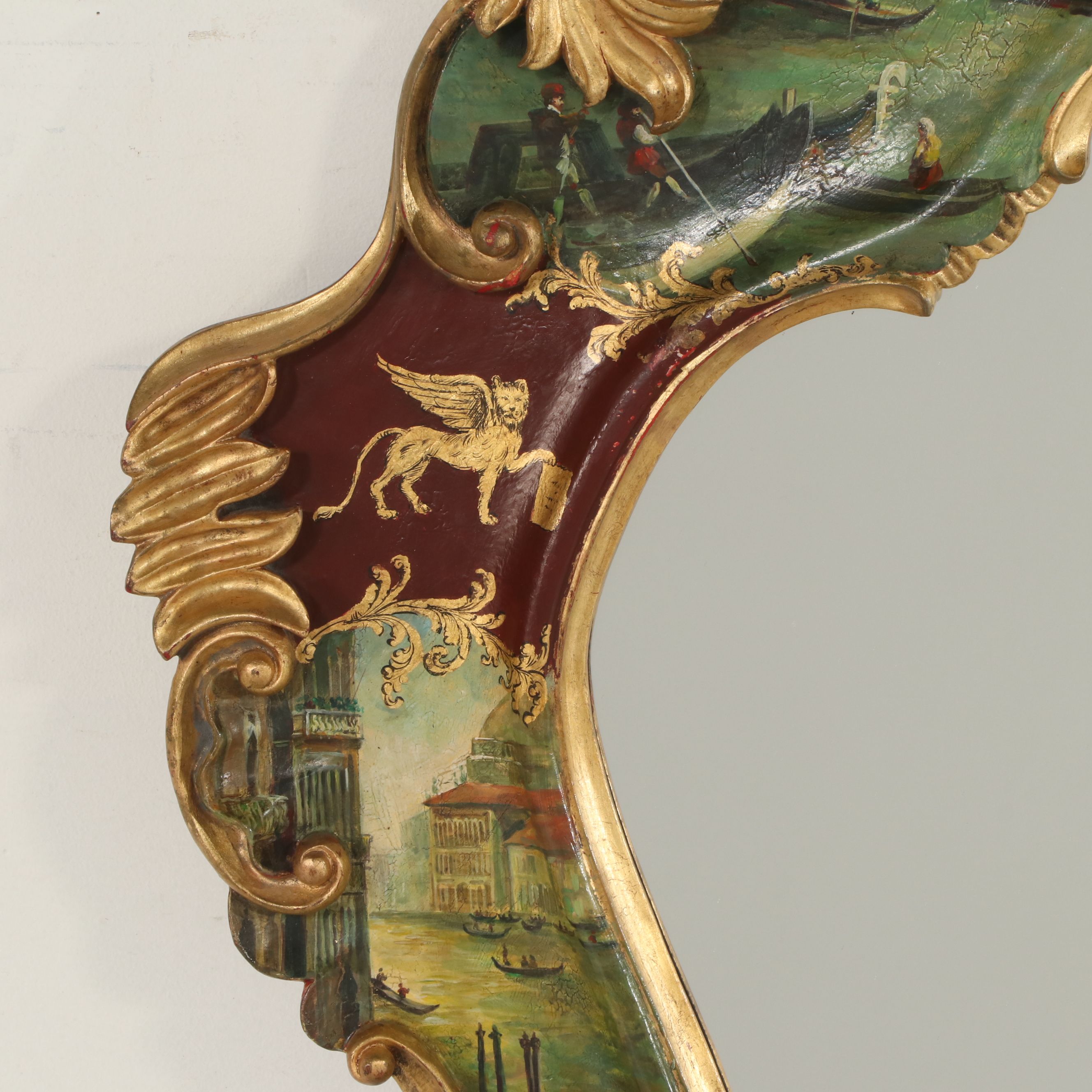 Venetian "Veduta" Rococo Style Hand-Painted and Parcel Gilt Wall Mirror