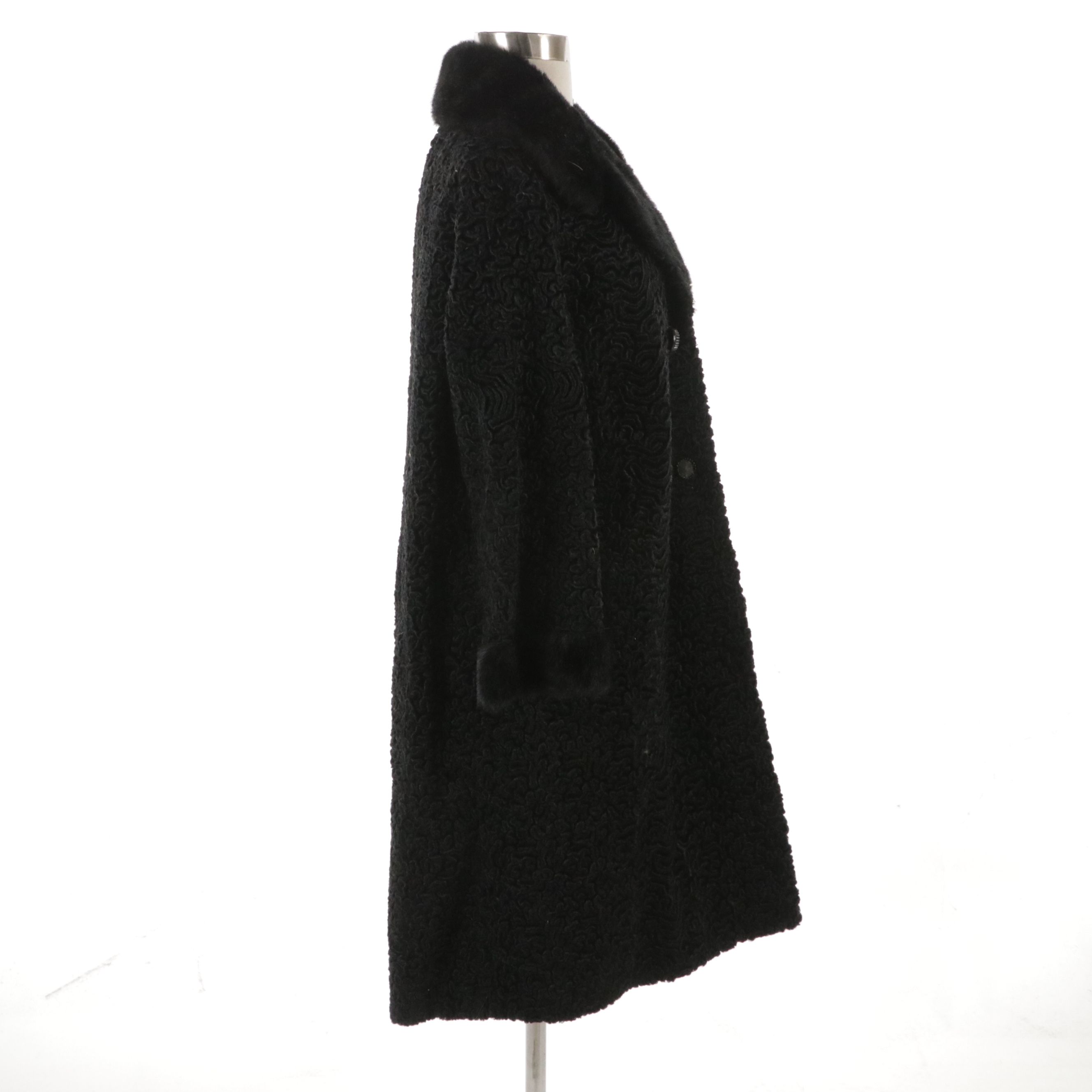 Astra Furs Black Faux Curly Lamb Fur Double-Breasted Style Coat