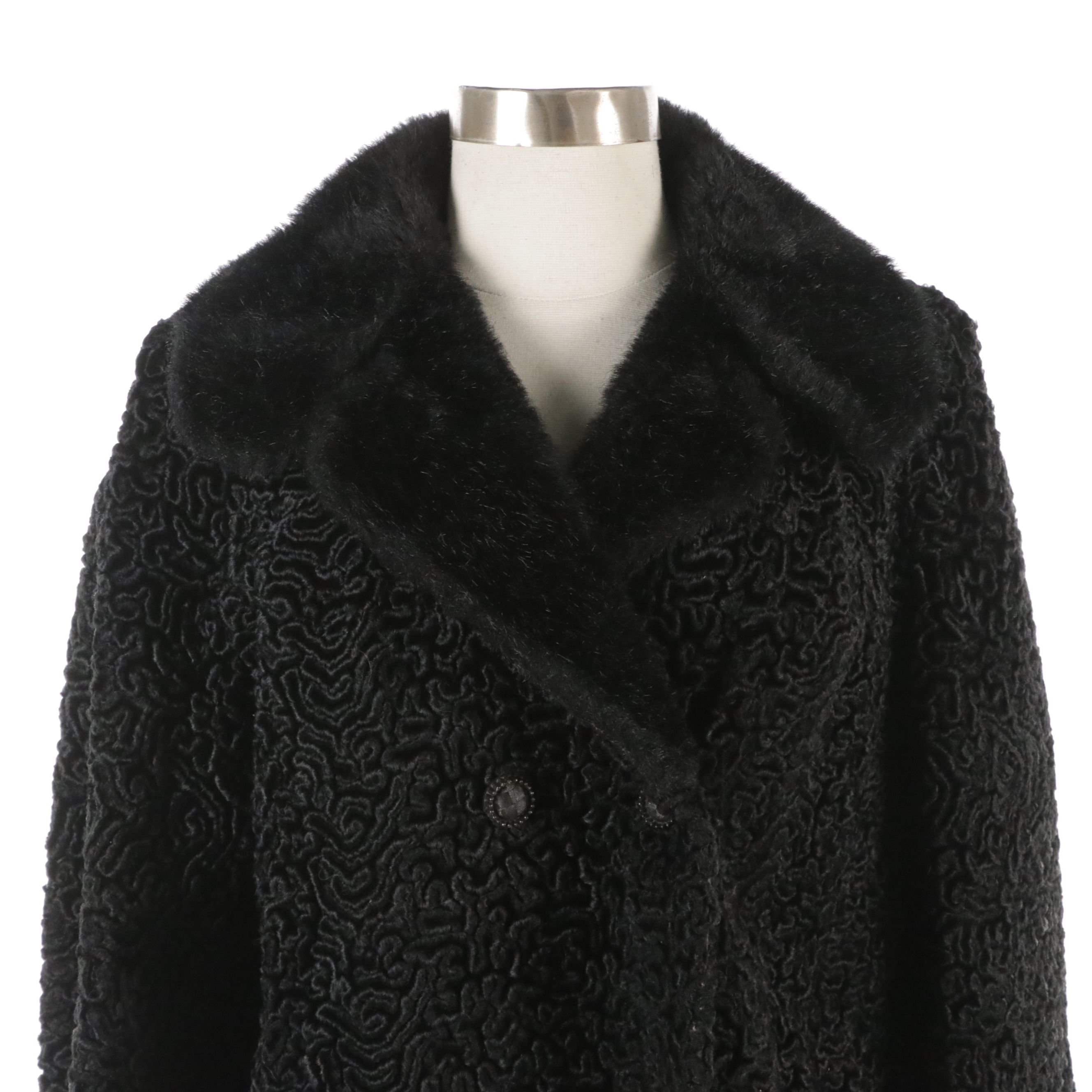 Astra Furs Black Faux Curly Lamb Fur Double-Breasted Style Coat