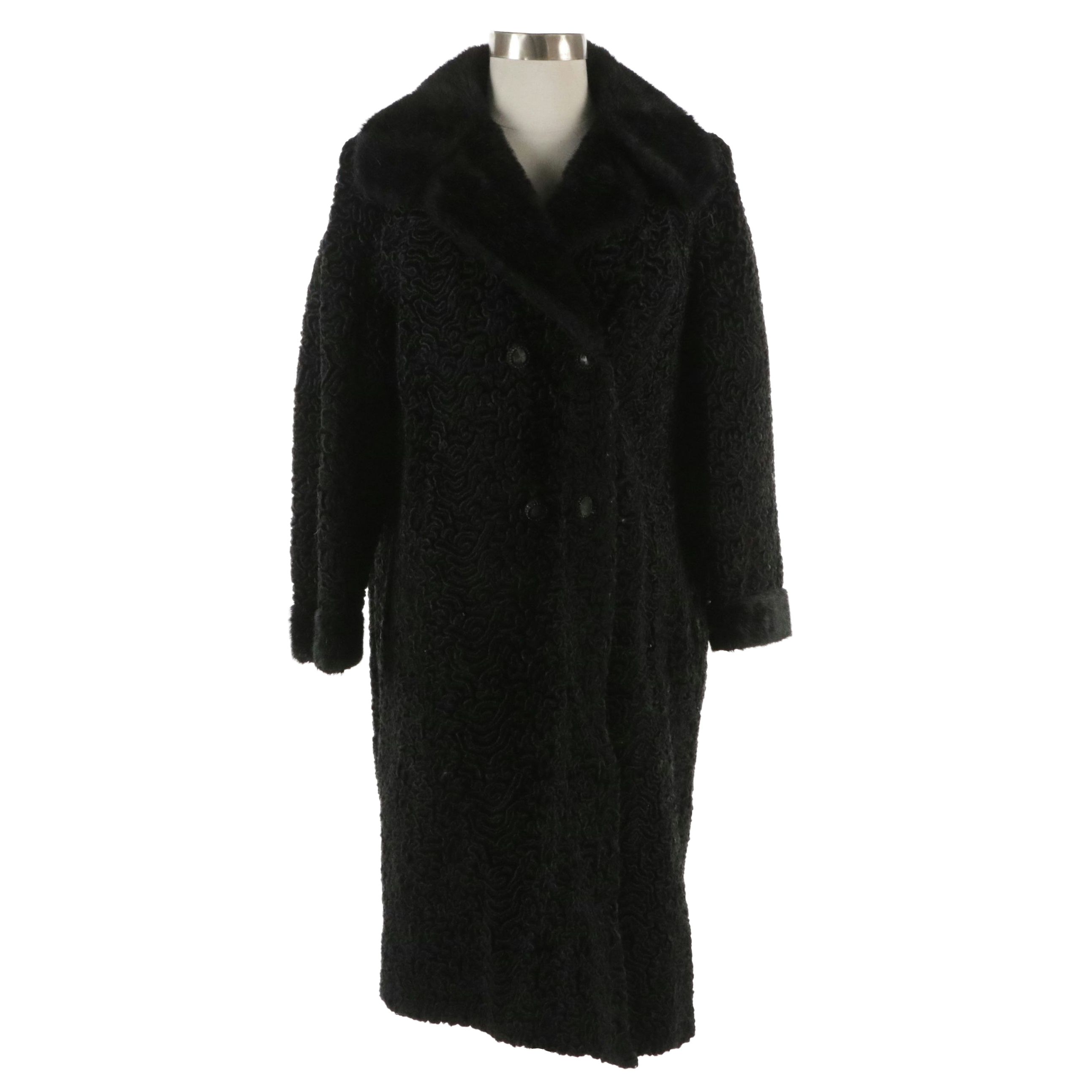 Astra Furs Black Faux Curly Lamb Fur Double-Breasted Style Coat
