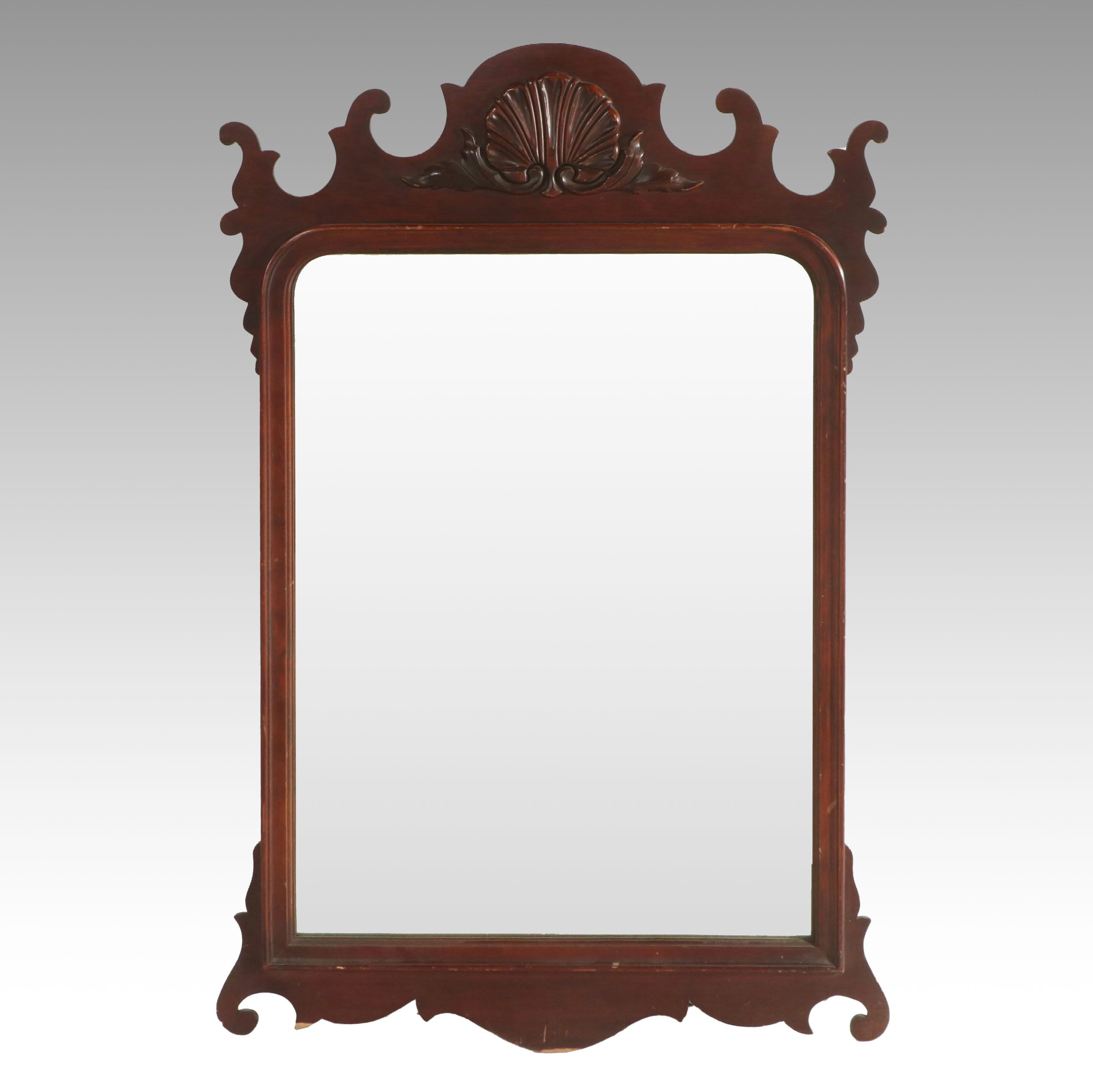 Queen Anne Style Mahogany Wall Mirror with Carved Shell Crest