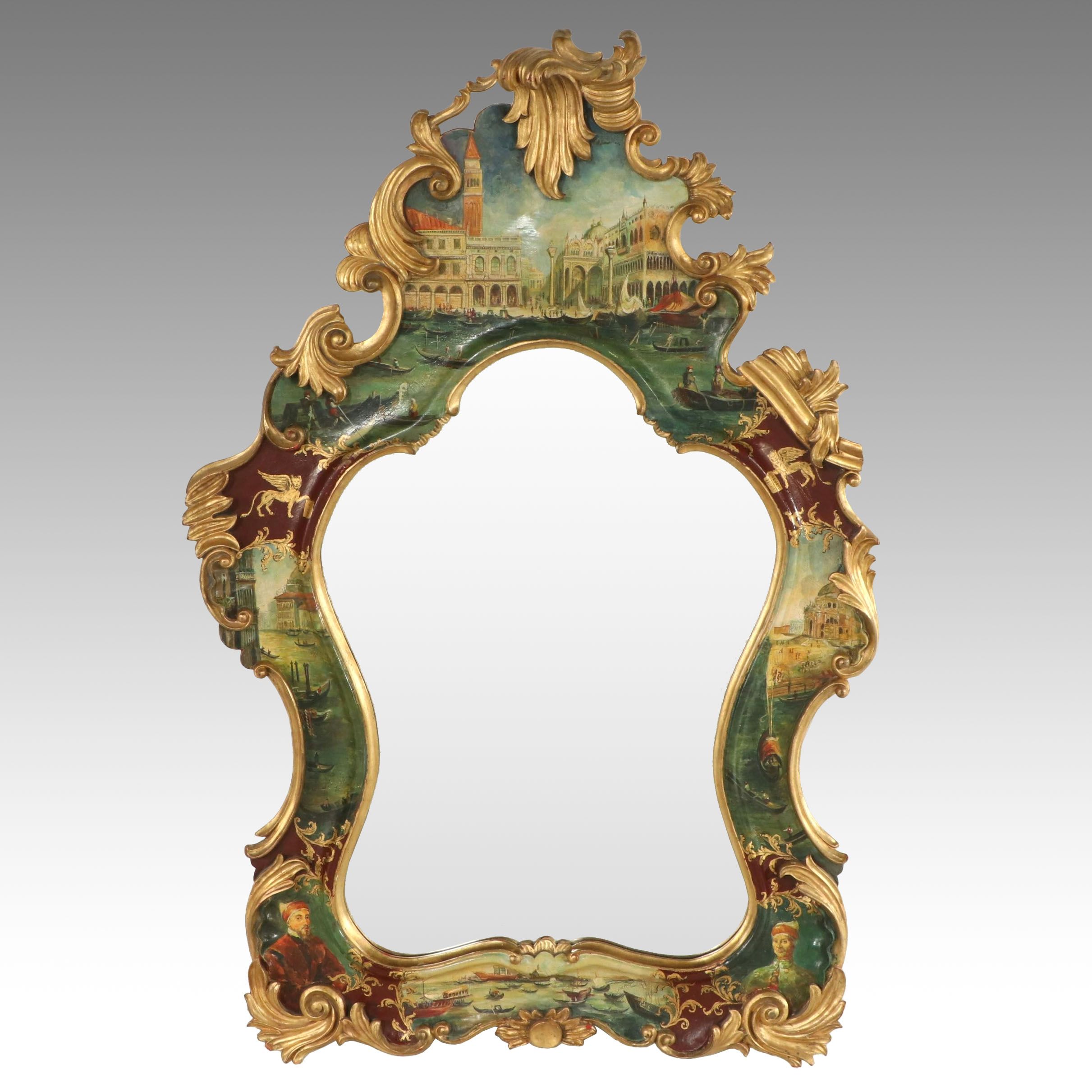 Venetian "Veduta" Rococo Style Hand-Painted and Parcel Gilt Wall Mirror