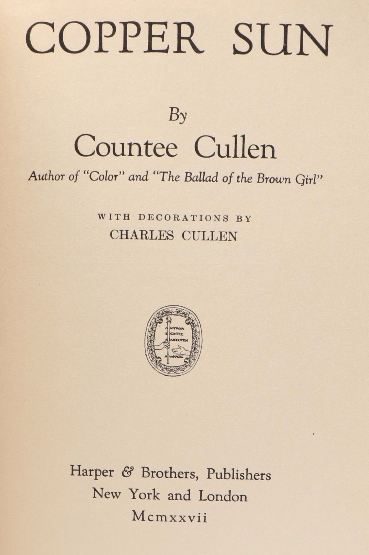 First Edition "Copper Sun" by Countee Cullen, 1927
