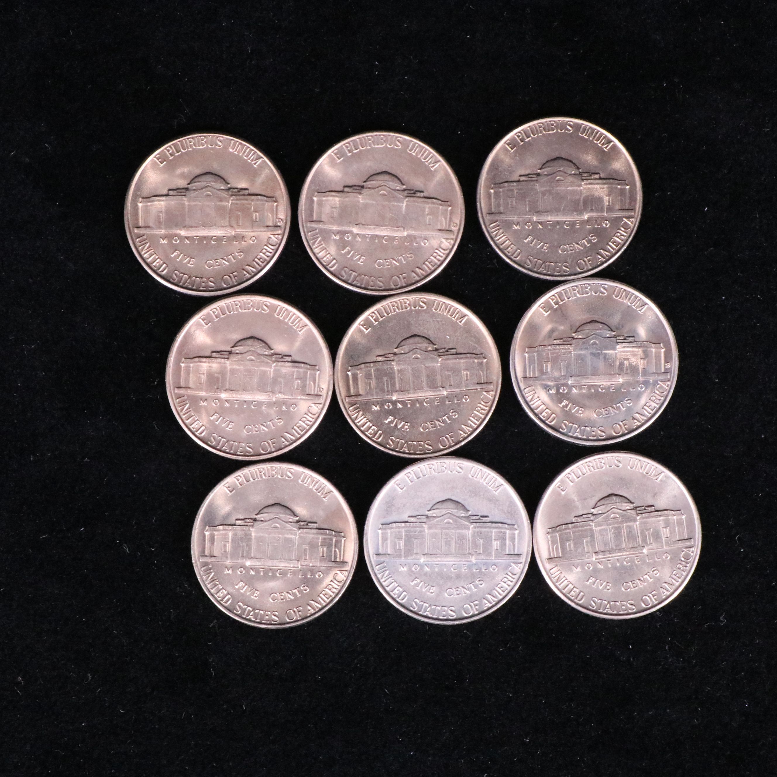 Nine Different Uncirculated Jefferson Nickels