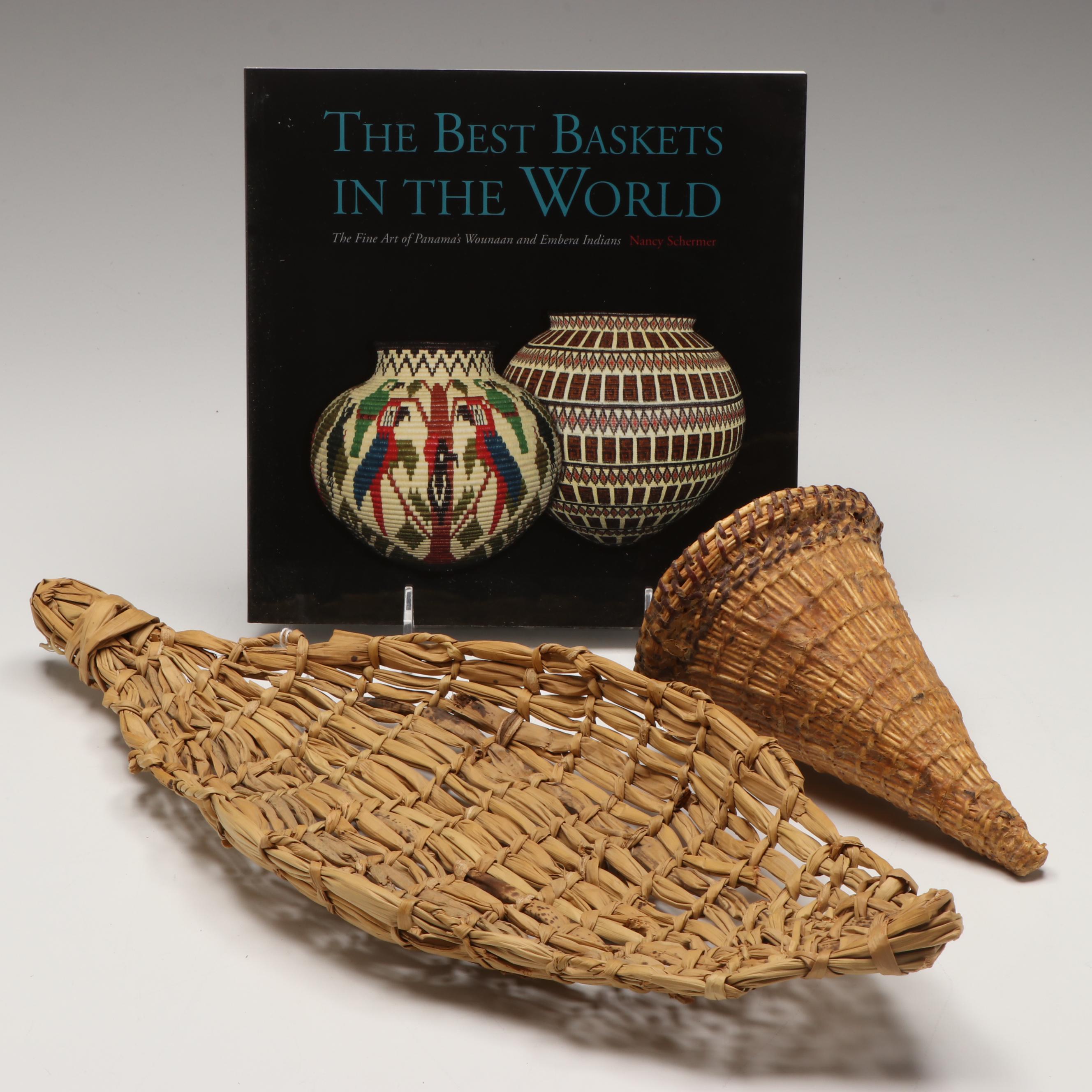 Miwok Diminutive Willow Burden Basket with Modoc Tule Wokas Dish