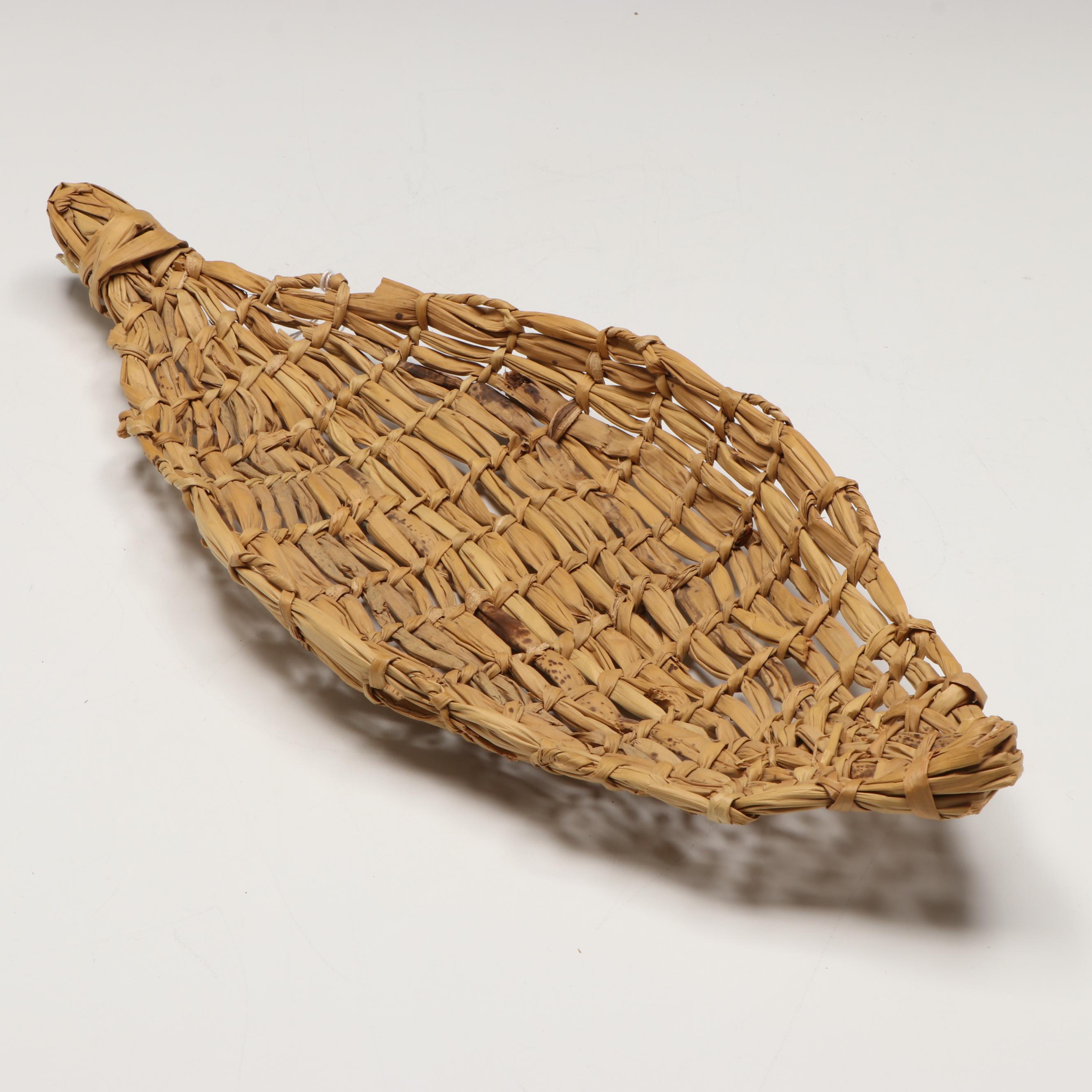 Miwok Diminutive Willow Burden Basket with Modoc Tule Wokas Dish