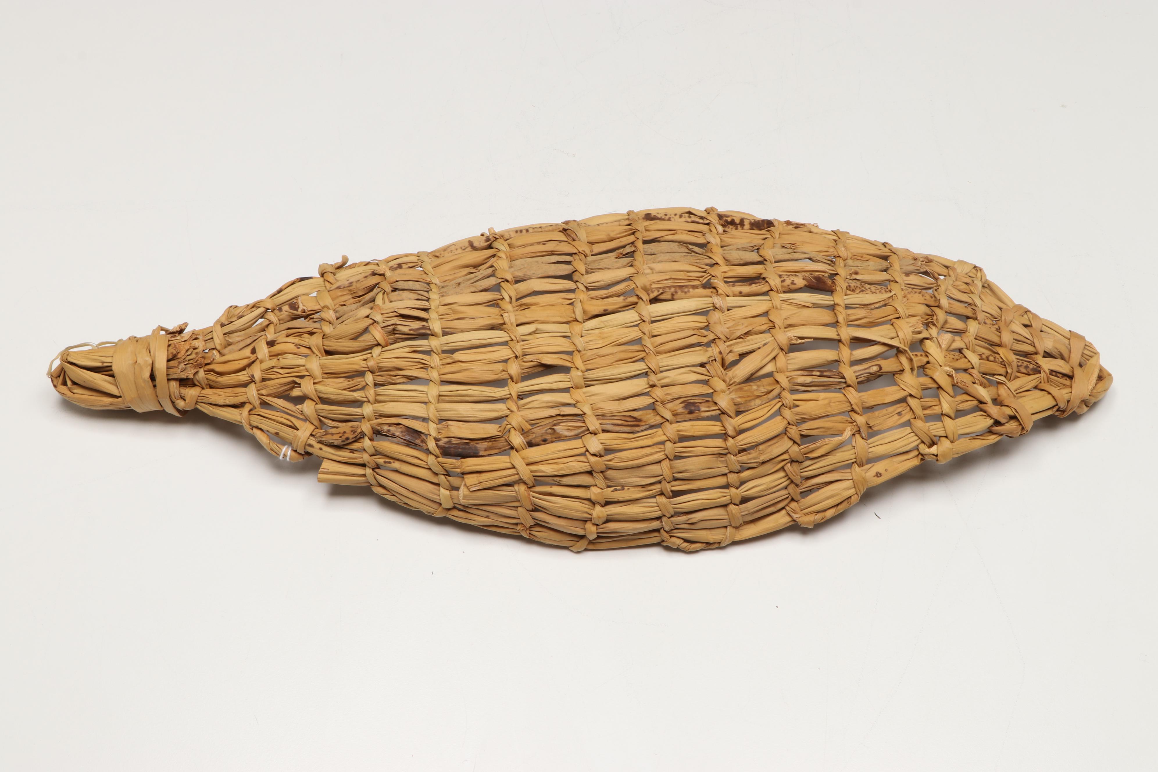 Miwok Diminutive Willow Burden Basket with Modoc Tule Wokas Dish