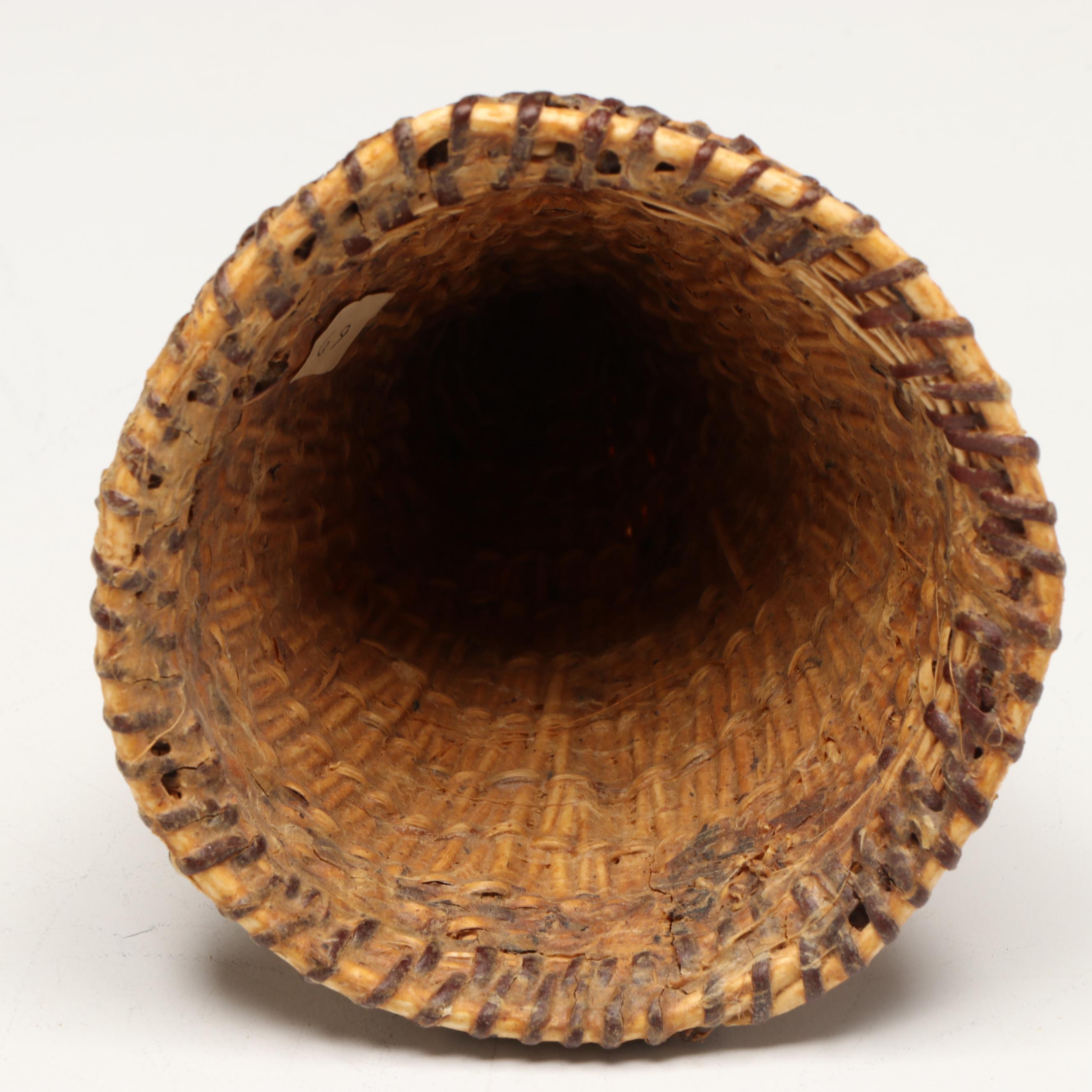 Miwok Diminutive Willow Burden Basket with Modoc Tule Wokas Dish