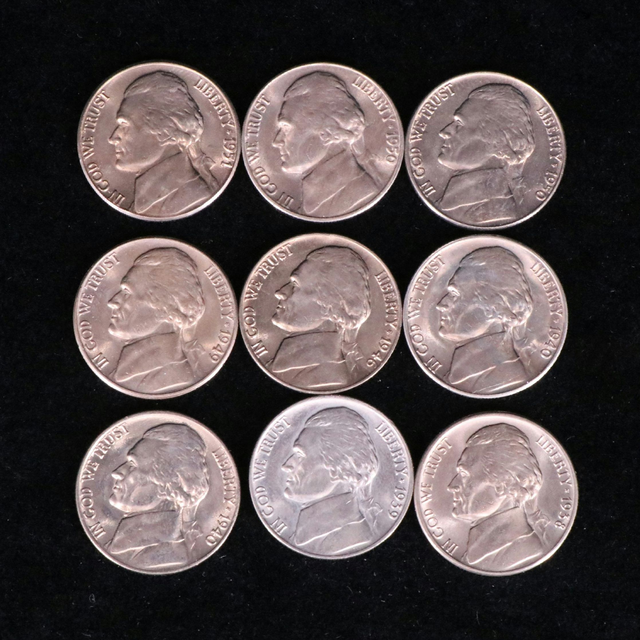 Nine Different Uncirculated Jefferson Nickels
