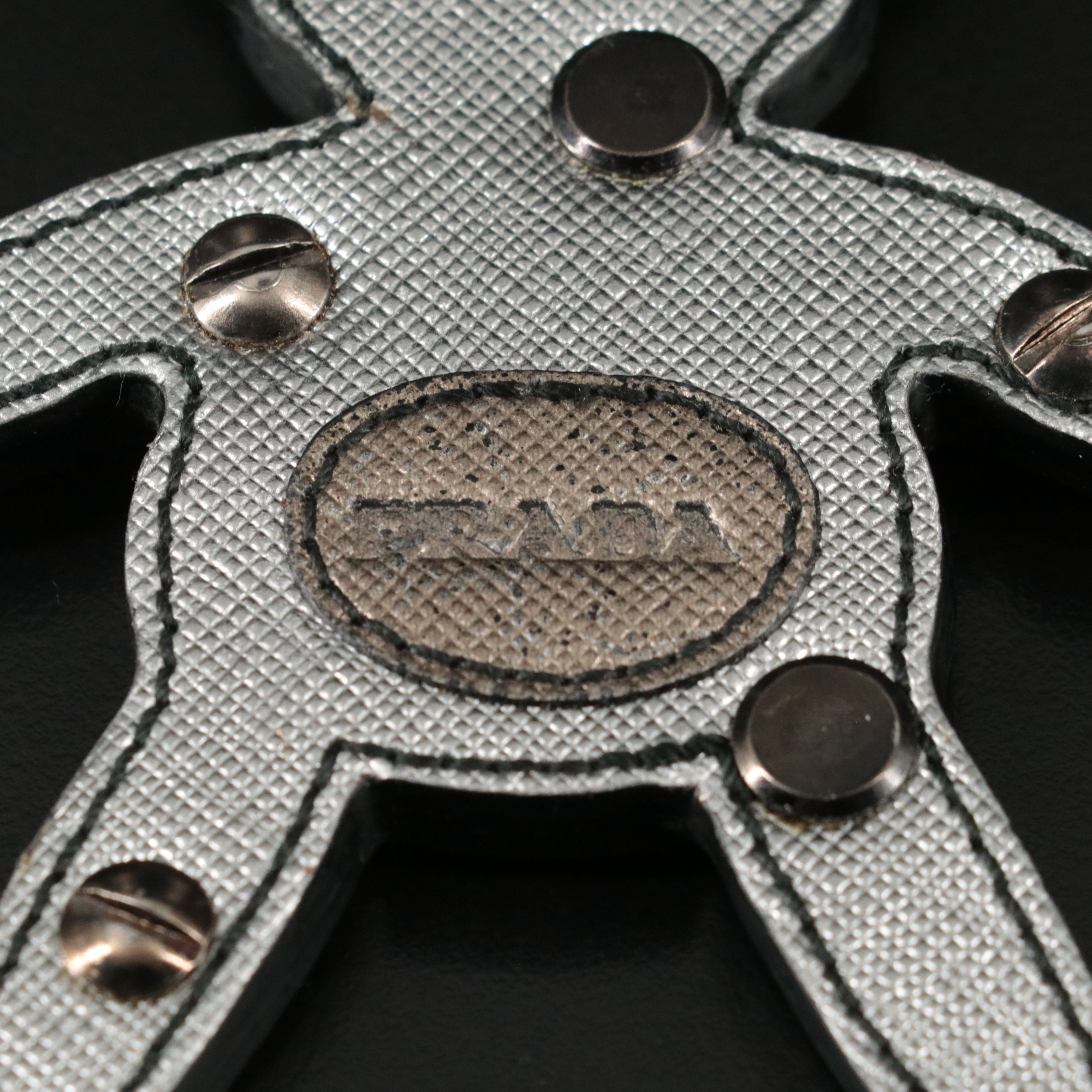 Prada Teddy Bear Bag Charm in Metallic Silver Saffiano Leather