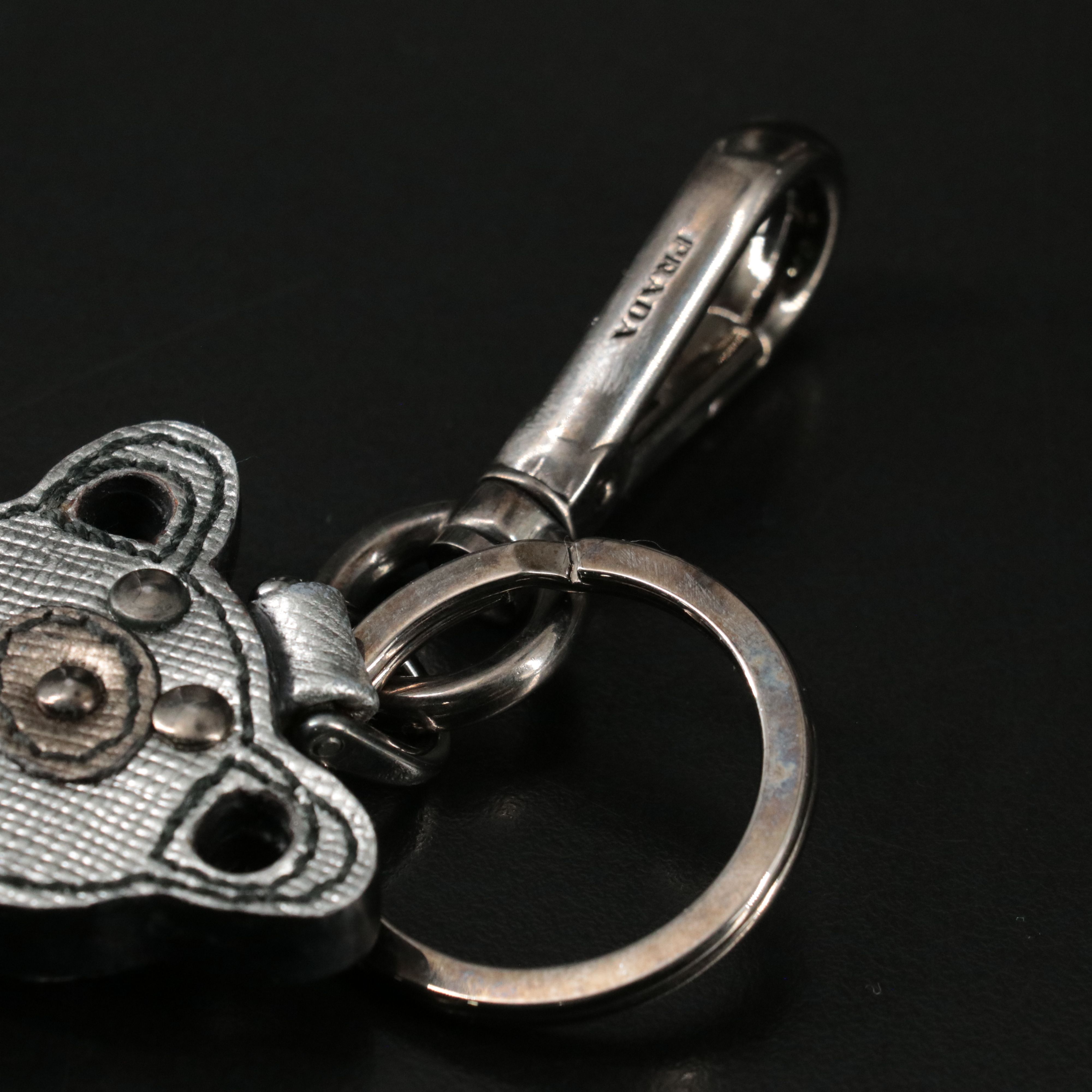 Prada Teddy Bear Bag Charm in Metallic Silver Saffiano Leather