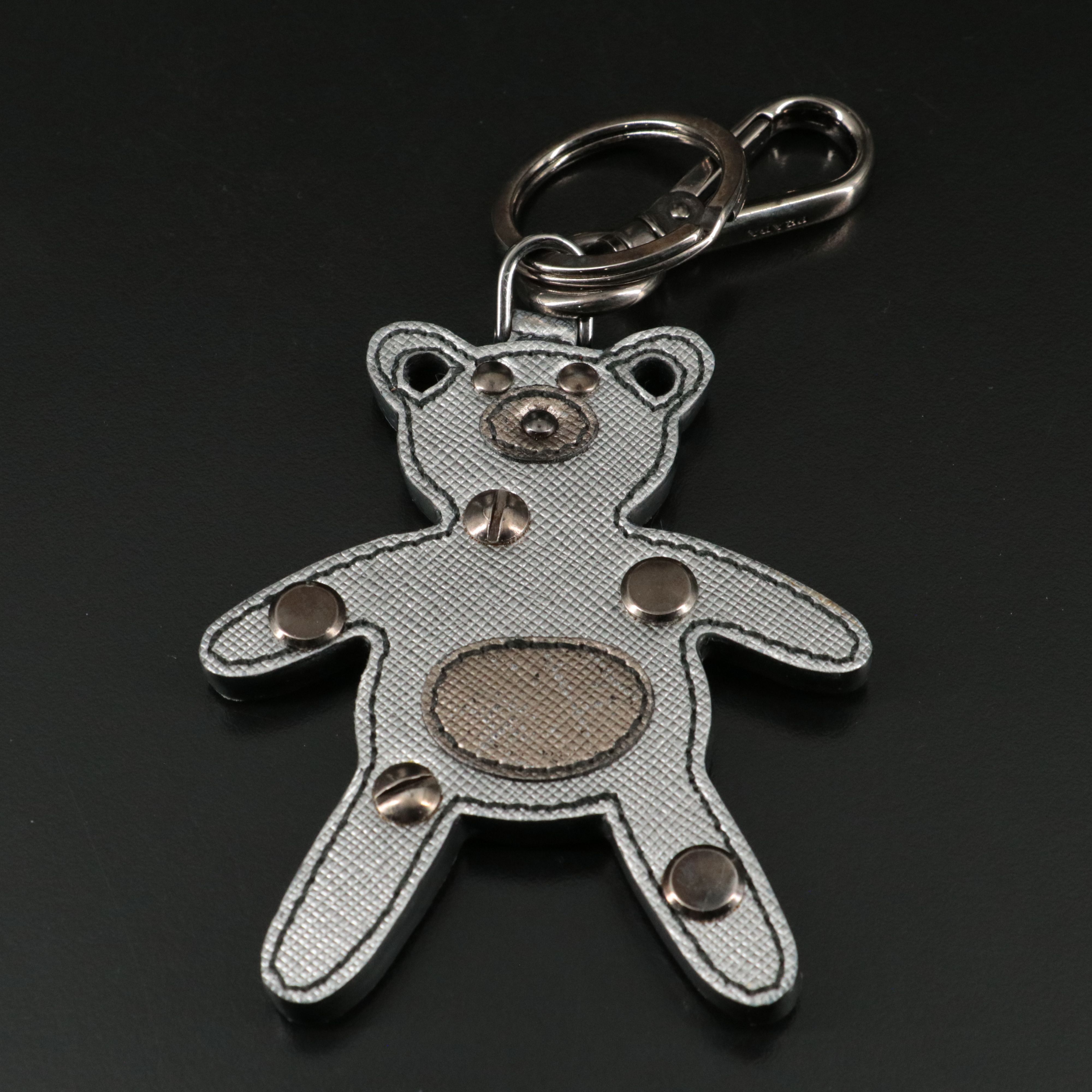 Prada Teddy Bear Bag Charm in Metallic Silver Saffiano Leather