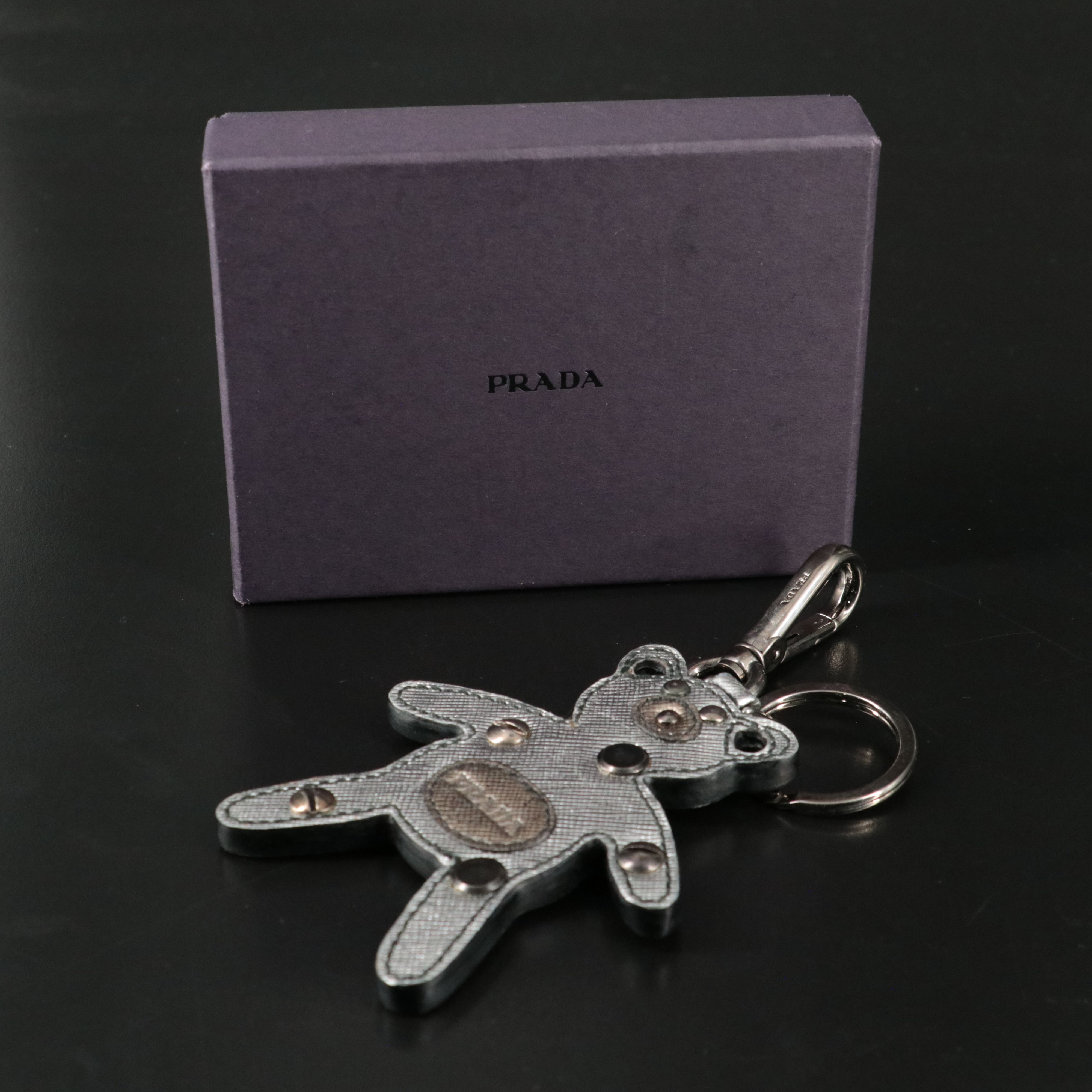 Prada Teddy Bear Bag Charm in Metallic Silver Saffiano Leather