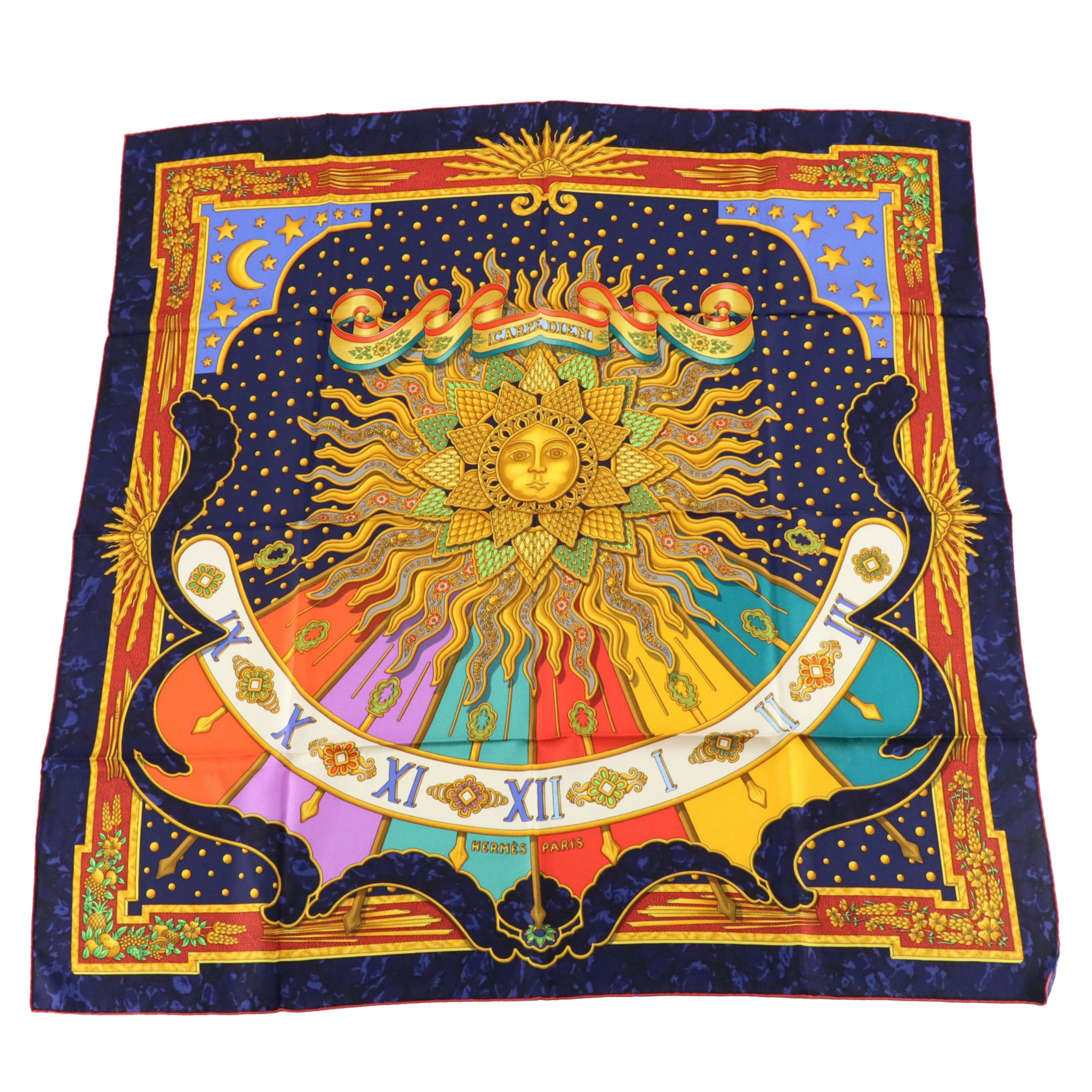 Hermès "Carpe Diem" Multicolored Silk Twill Scarf 90