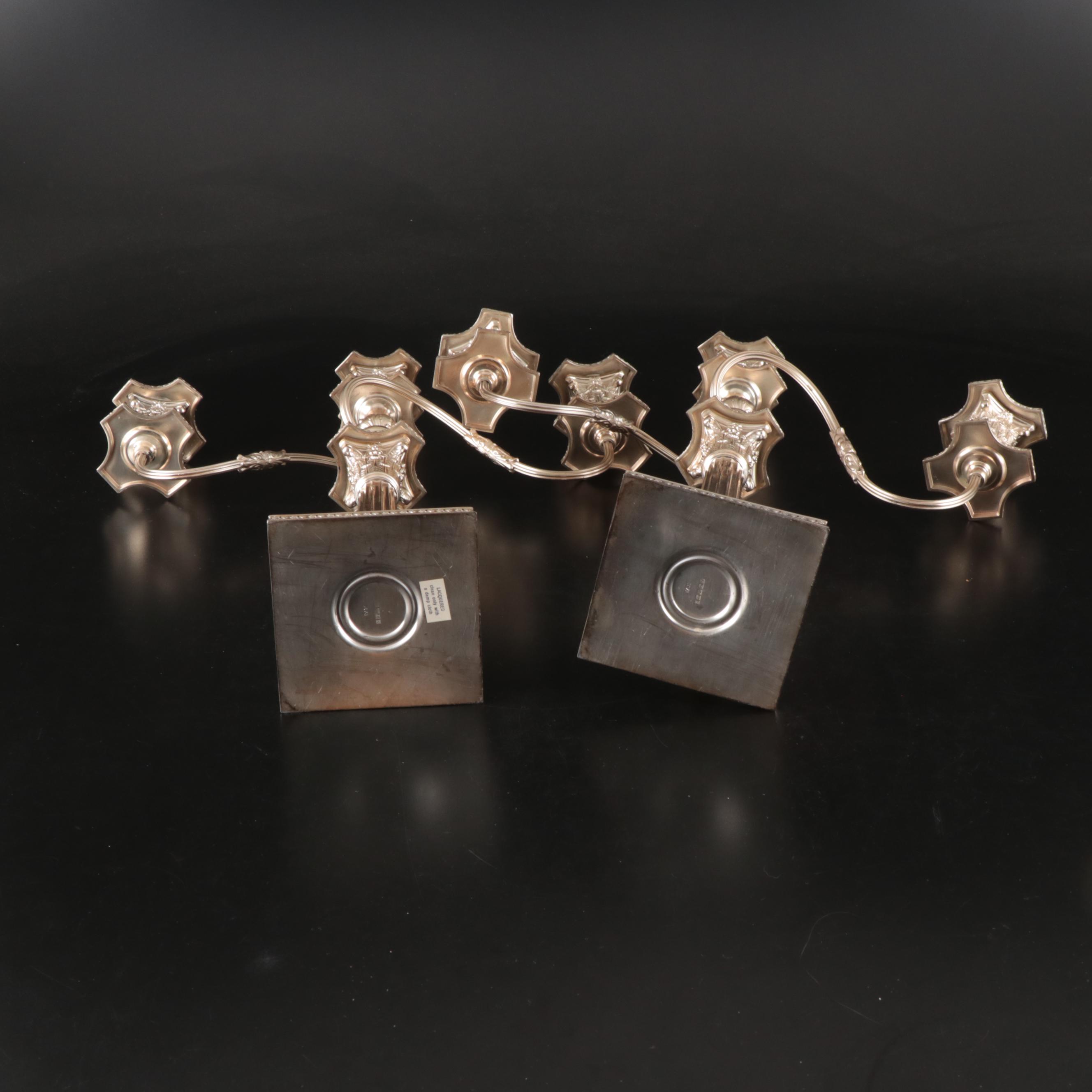 E.G. Webster & Son Lacquered Silver Plate Candelabra Pair