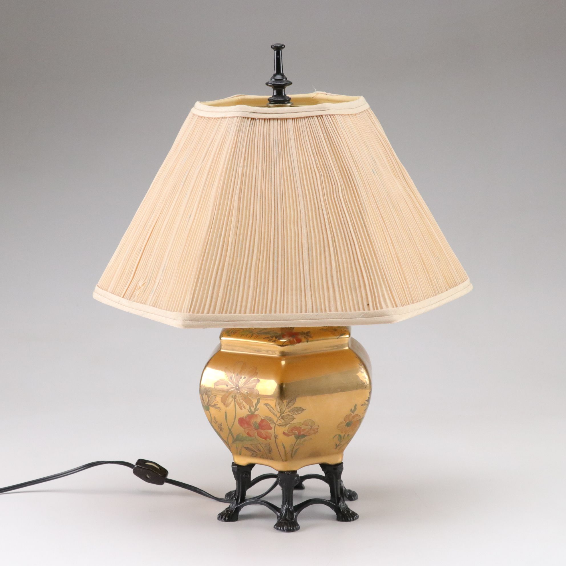 Chinese Gilt Ceramic Table Lamp with Concertina Pleated Silk Shade