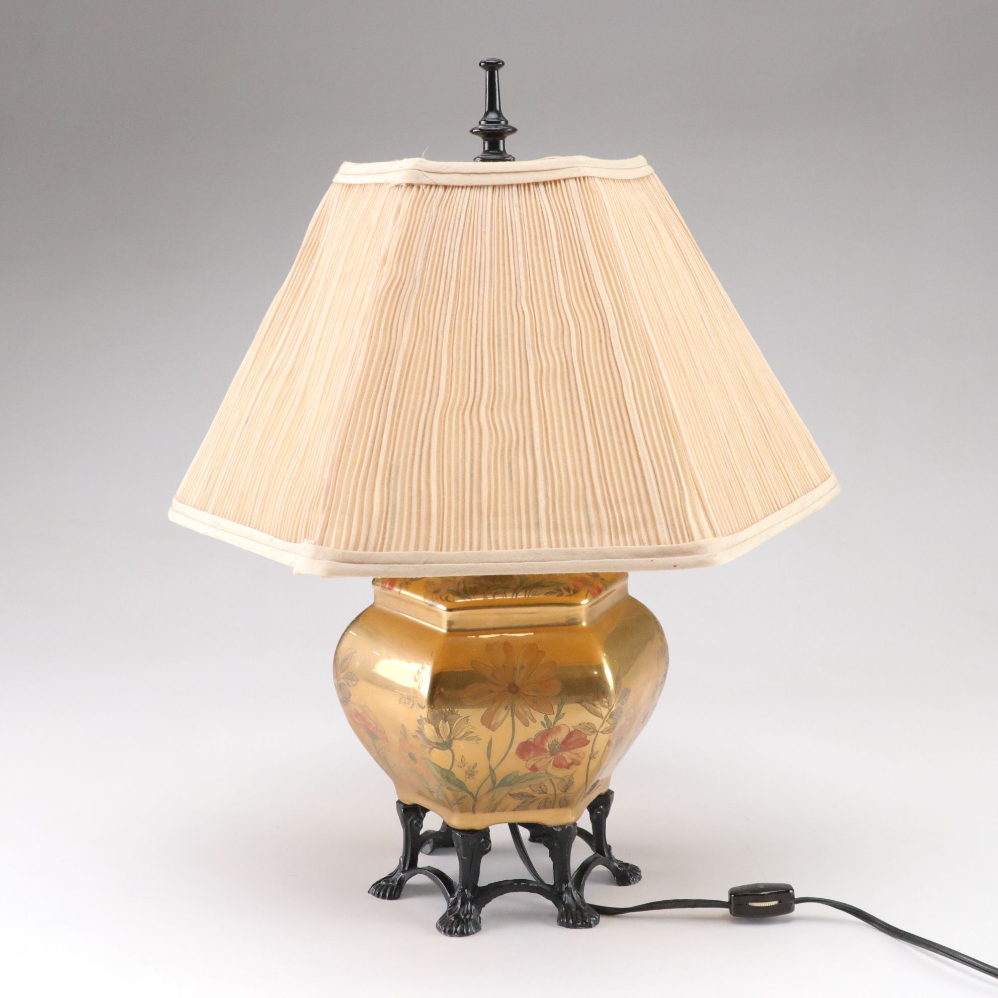 Chinese Gilt Ceramic Table Lamp with Concertina Pleated Silk Shade