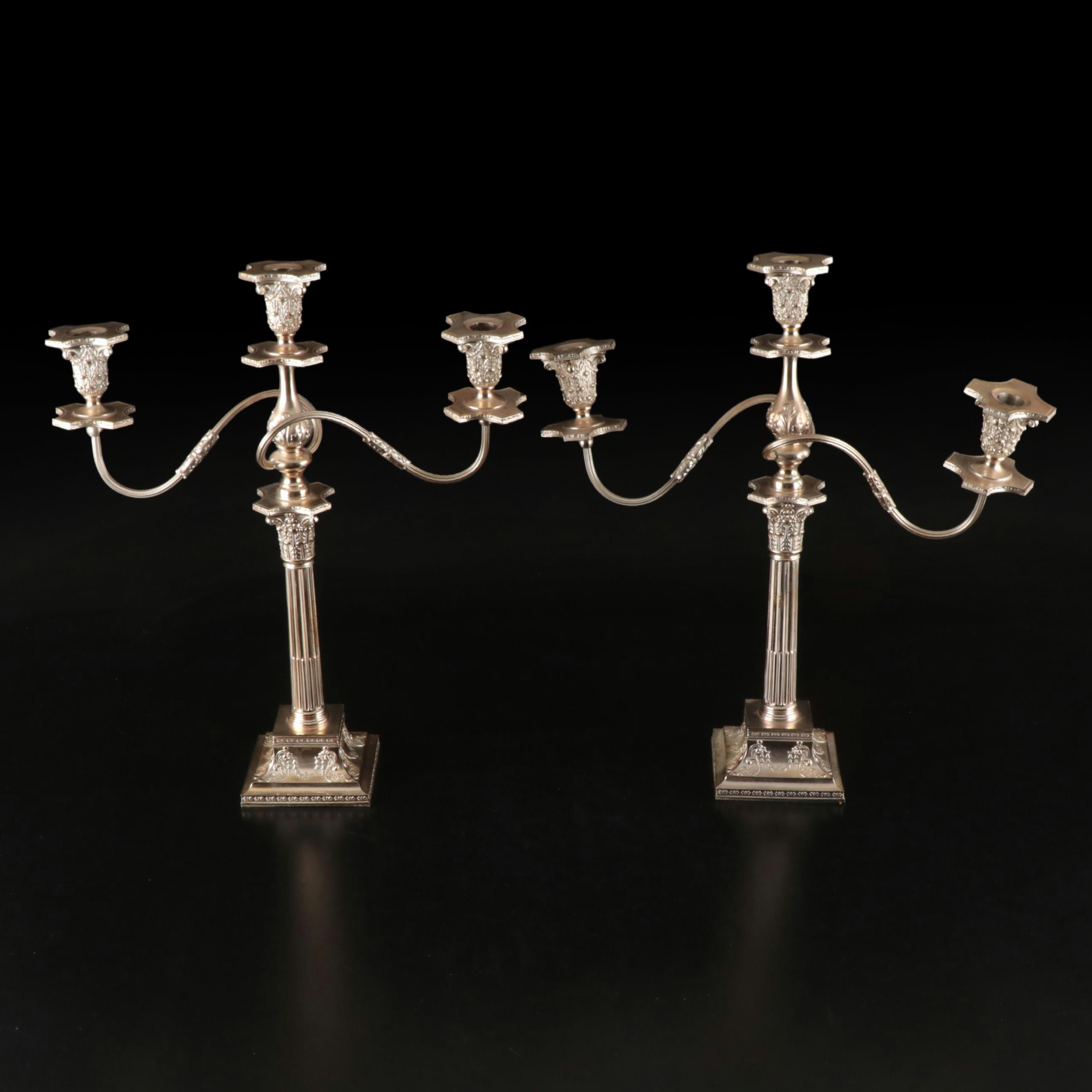 E.G. Webster & Son Lacquered Silver Plate Candelabra Pair