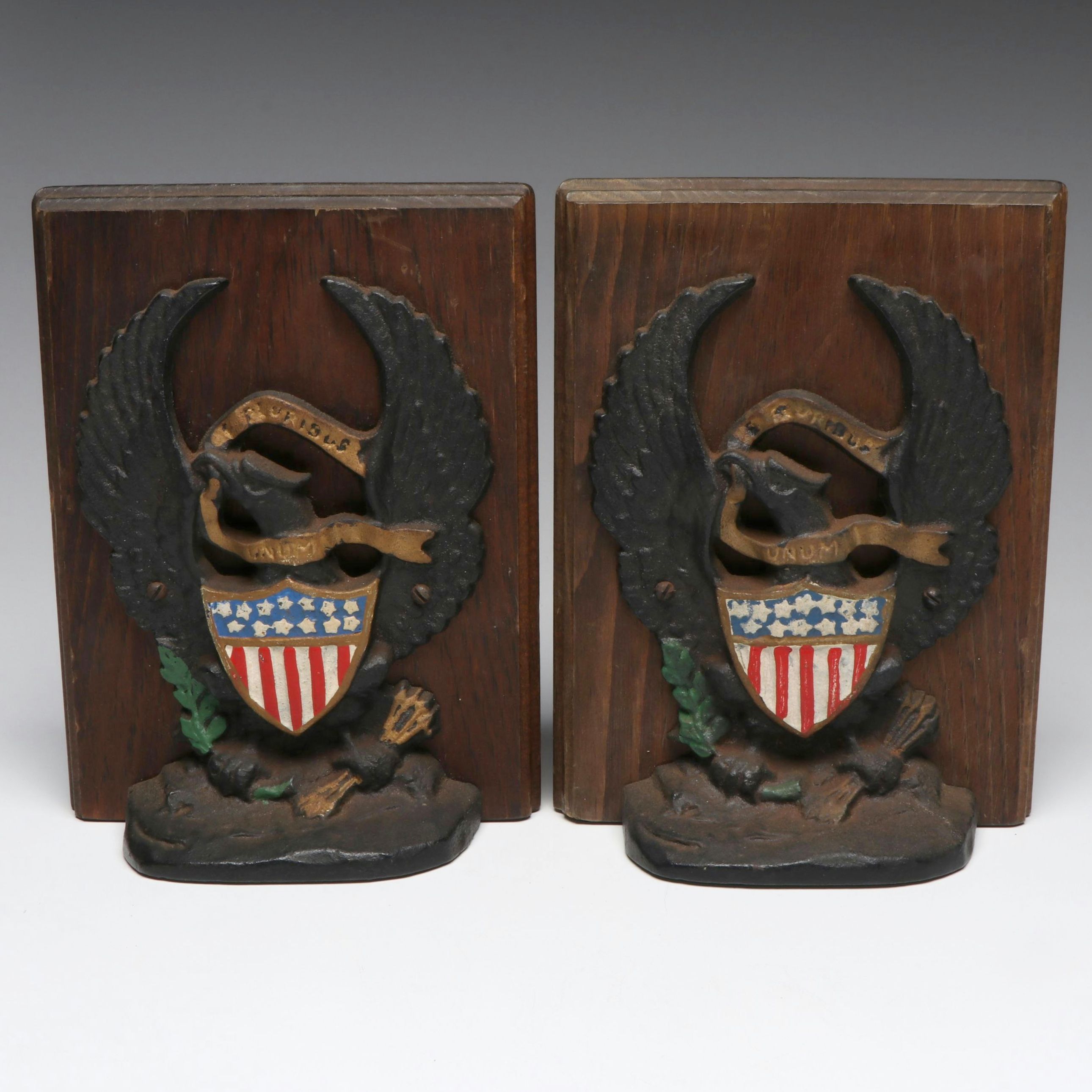 Cold-Painted Cast Iron and Wood Federal Eagle Bookends, 20th Century