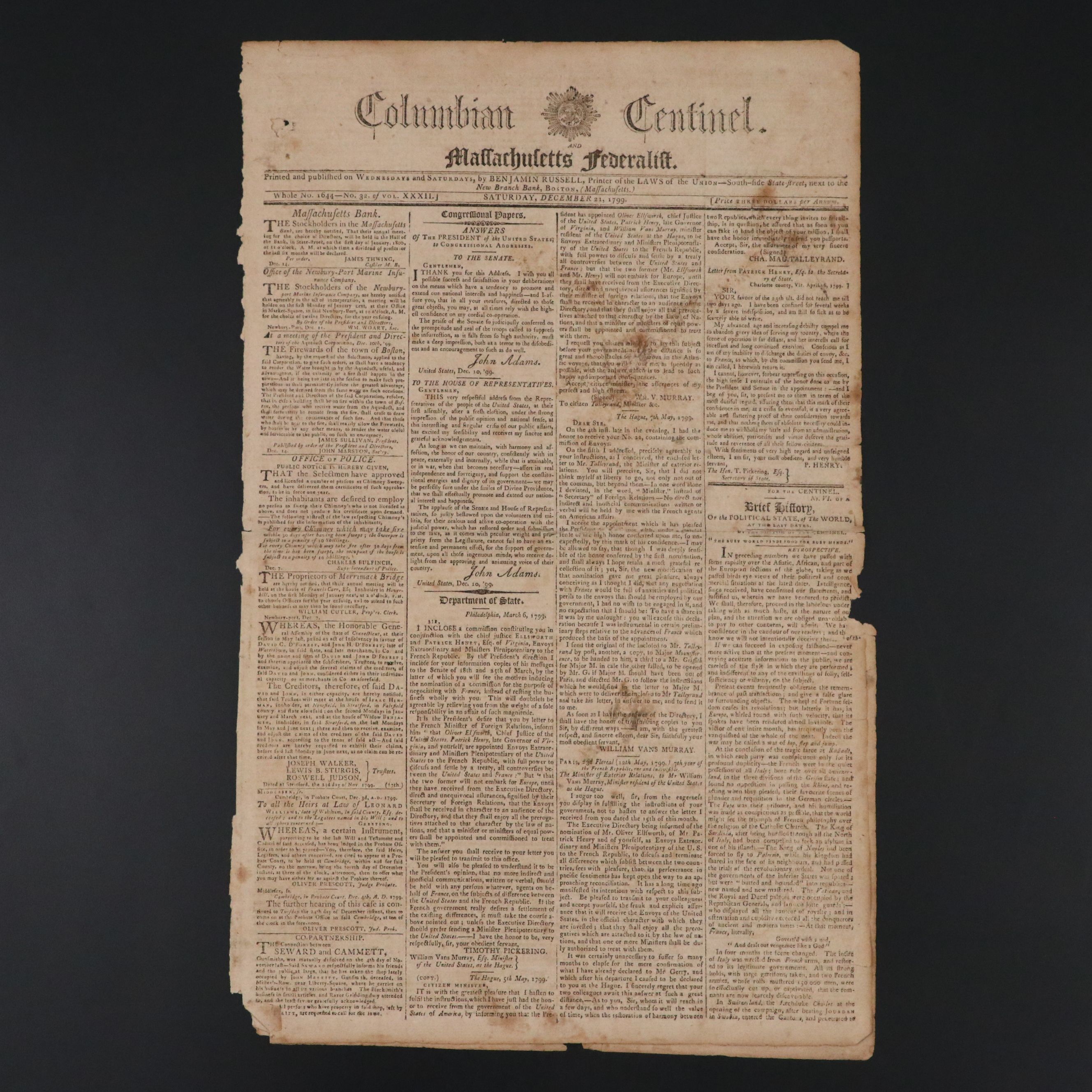 "Columbian Centinel" Massachusetts Federalist Newspaper, 1799
