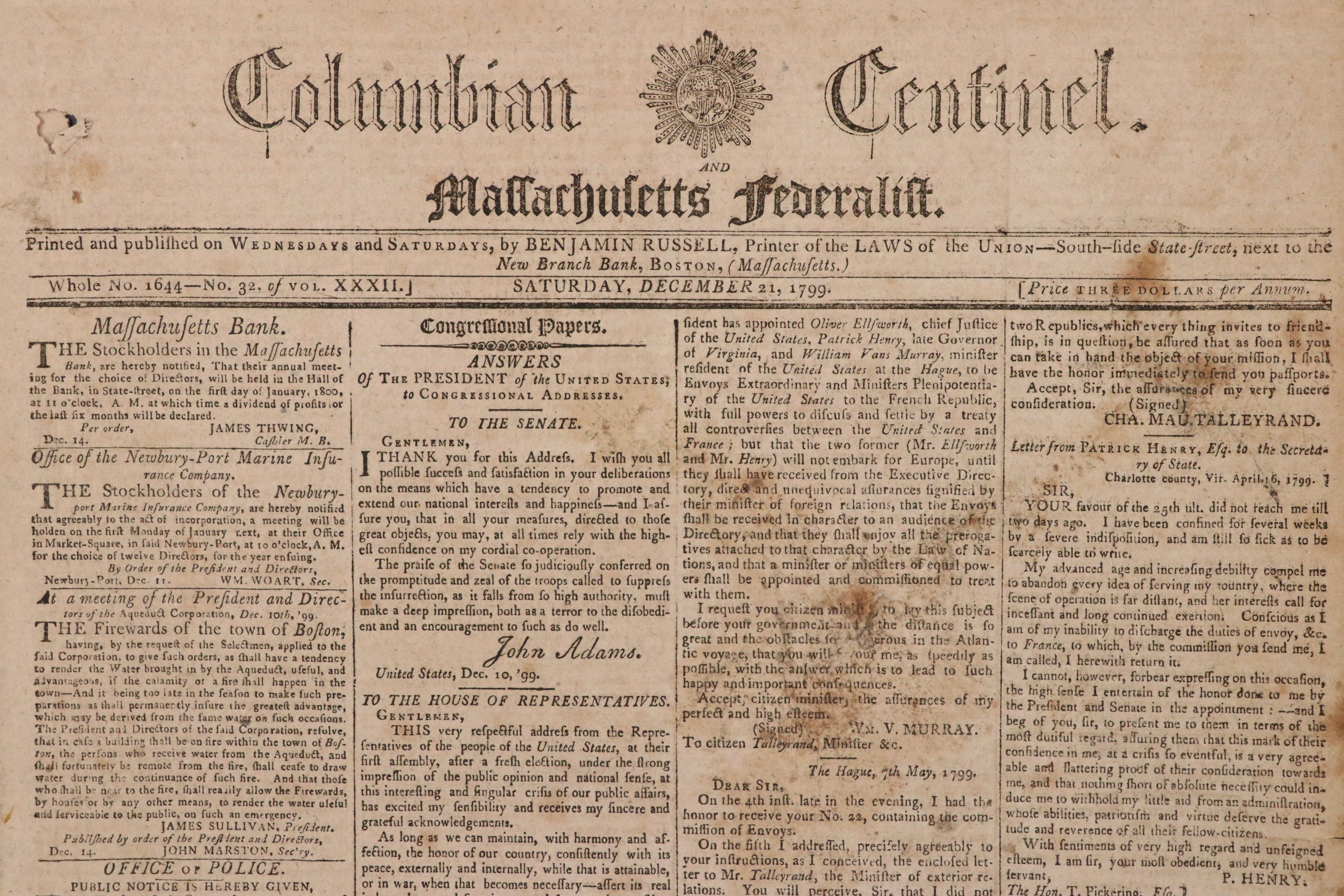 "Columbian Centinel" Massachusetts Federalist Newspaper, 1799