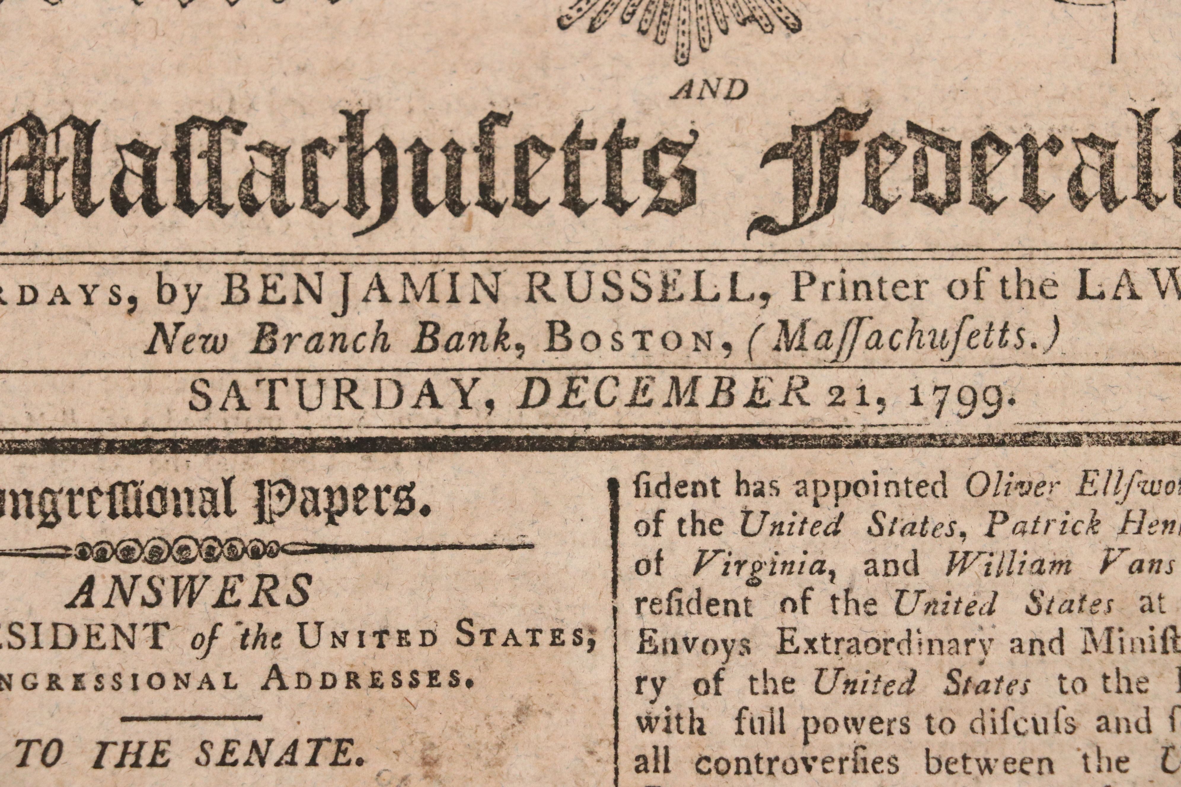 "Columbian Centinel" Massachusetts Federalist Newspaper, 1799
