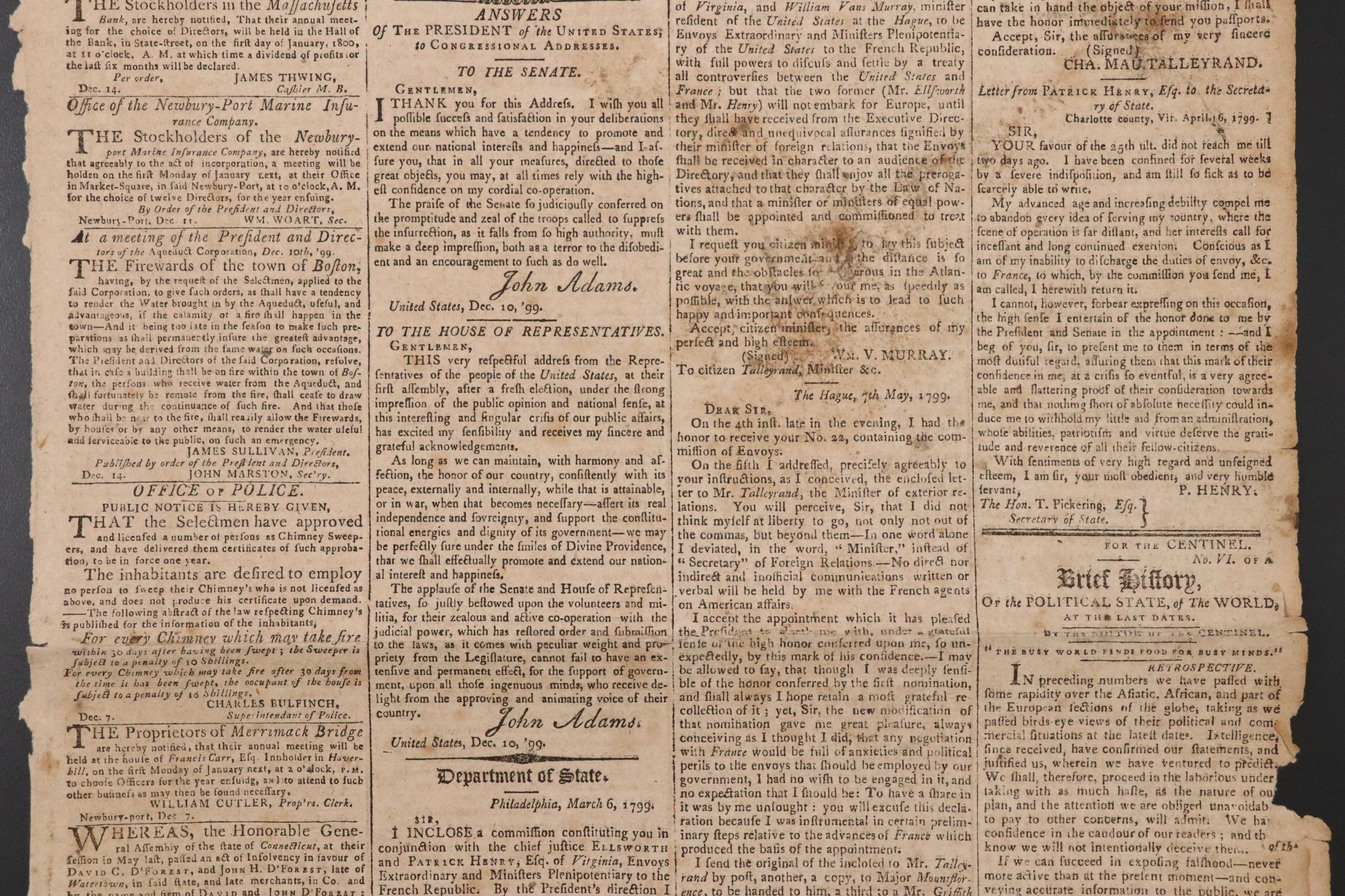 "Columbian Centinel" Massachusetts Federalist Newspaper, 1799