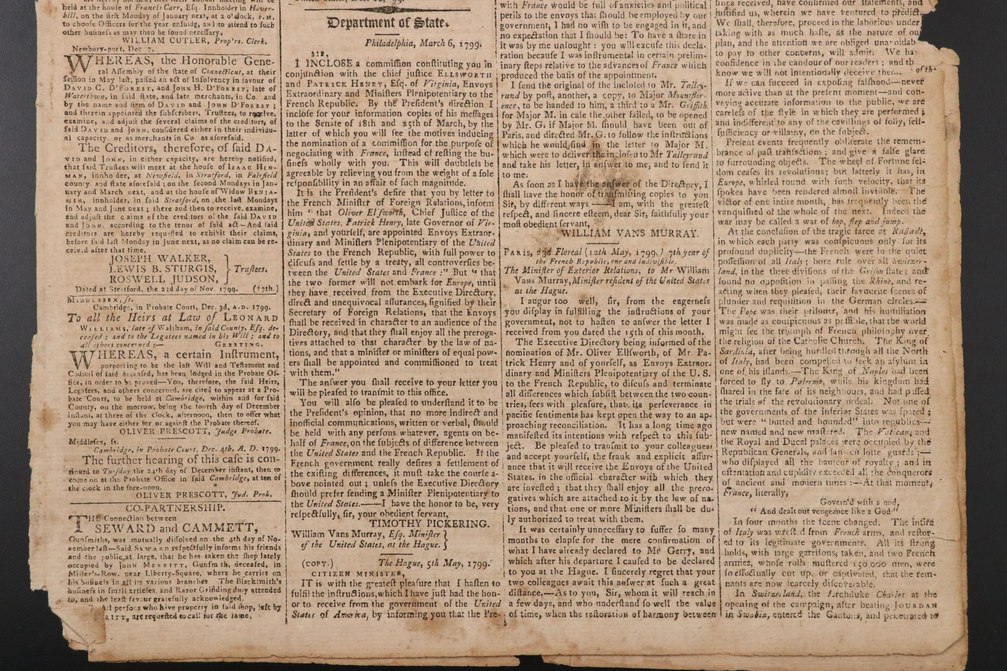 "Columbian Centinel" Massachusetts Federalist Newspaper, 1799