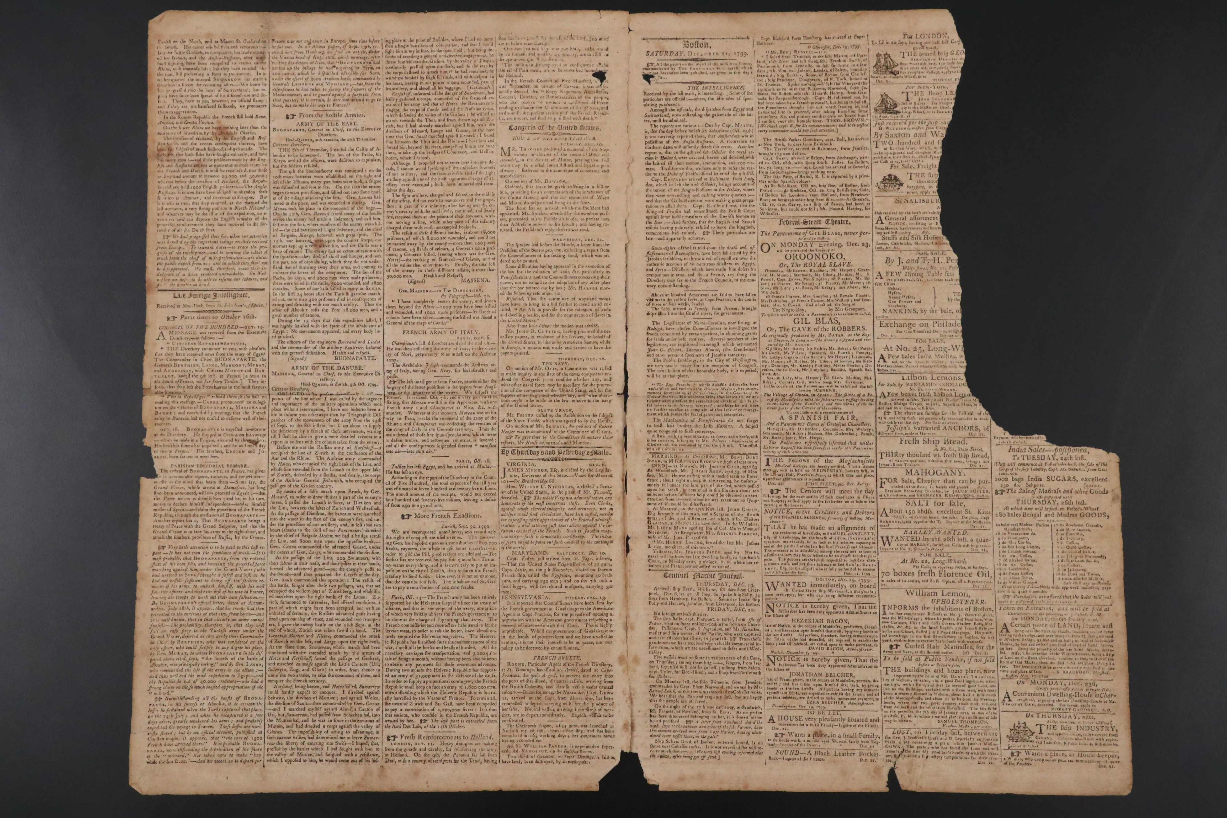 "Columbian Centinel" Massachusetts Federalist Newspaper, 1799