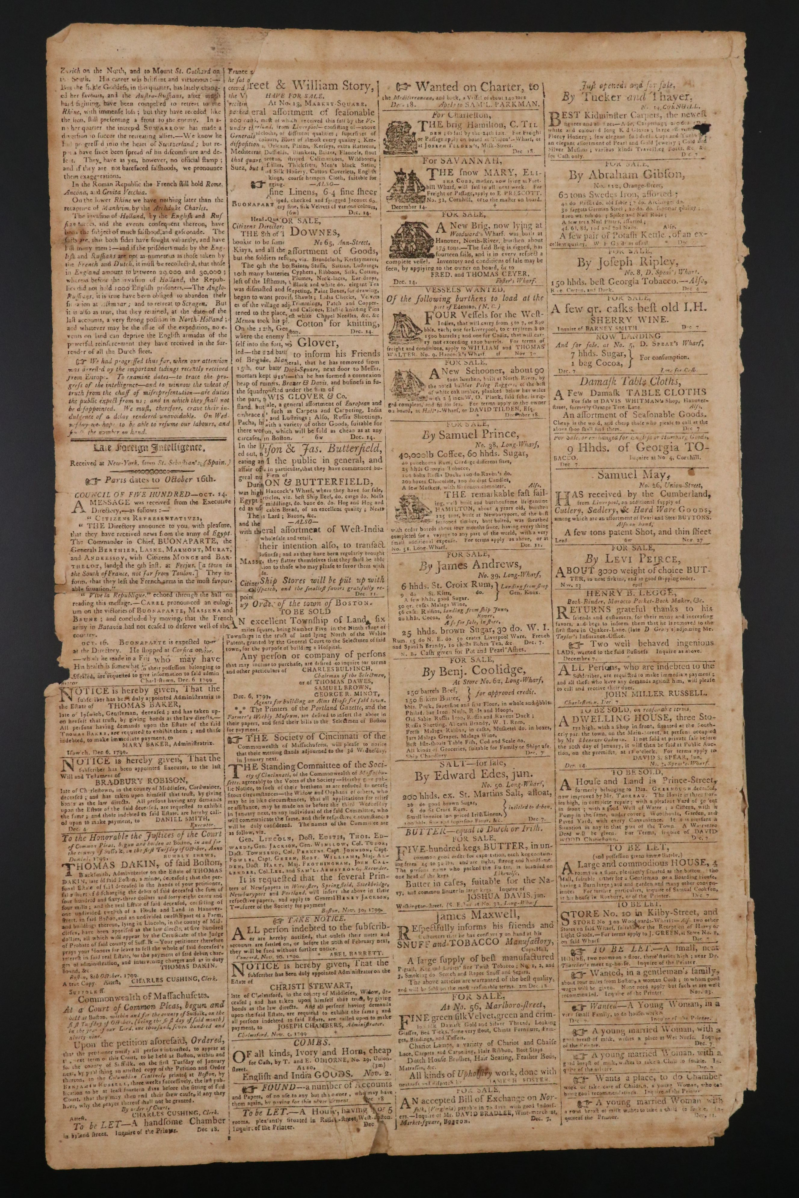 "Columbian Centinel" Massachusetts Federalist Newspaper, 1799