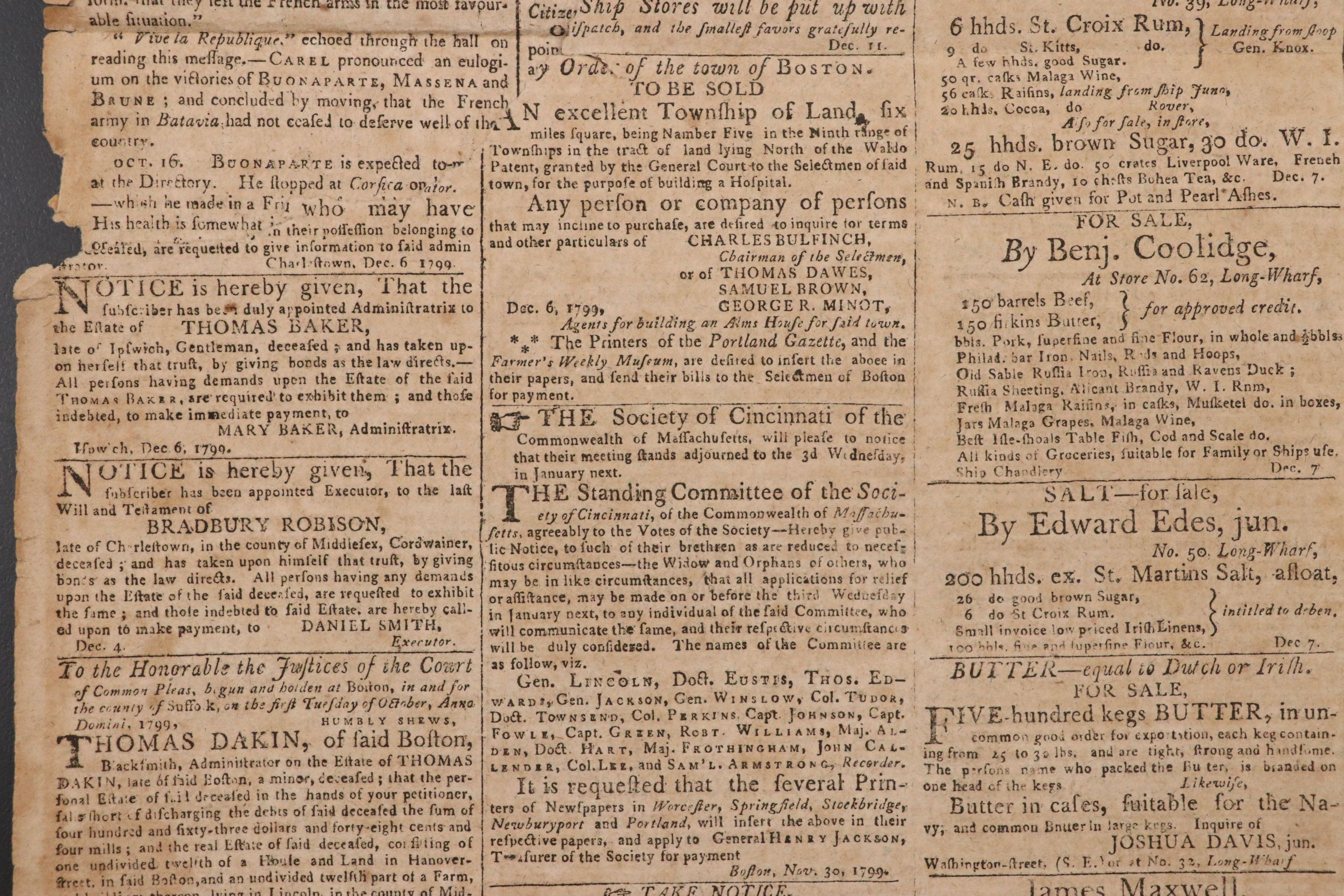 "Columbian Centinel" Massachusetts Federalist Newspaper, 1799
