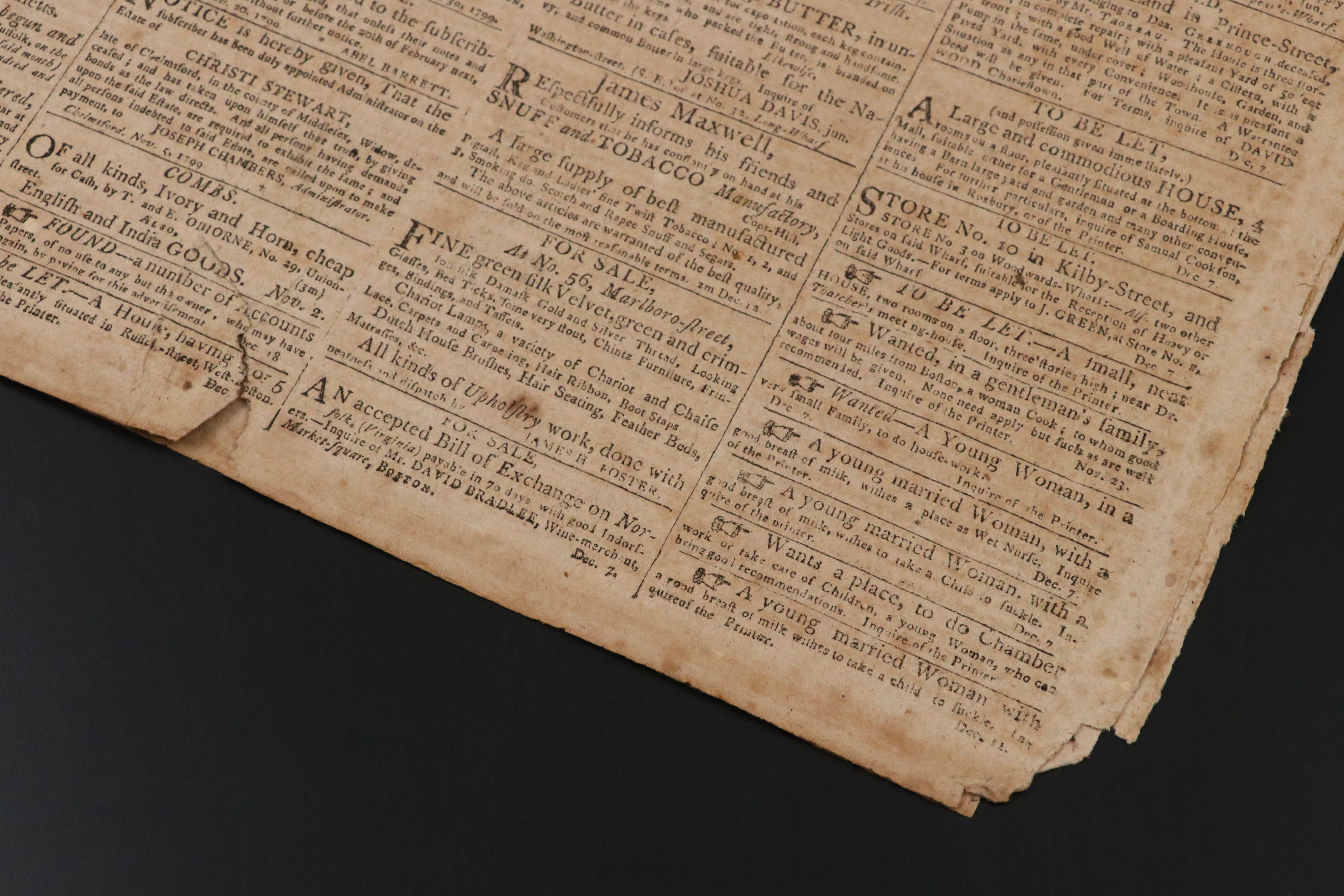 "Columbian Centinel" Massachusetts Federalist Newspaper, 1799