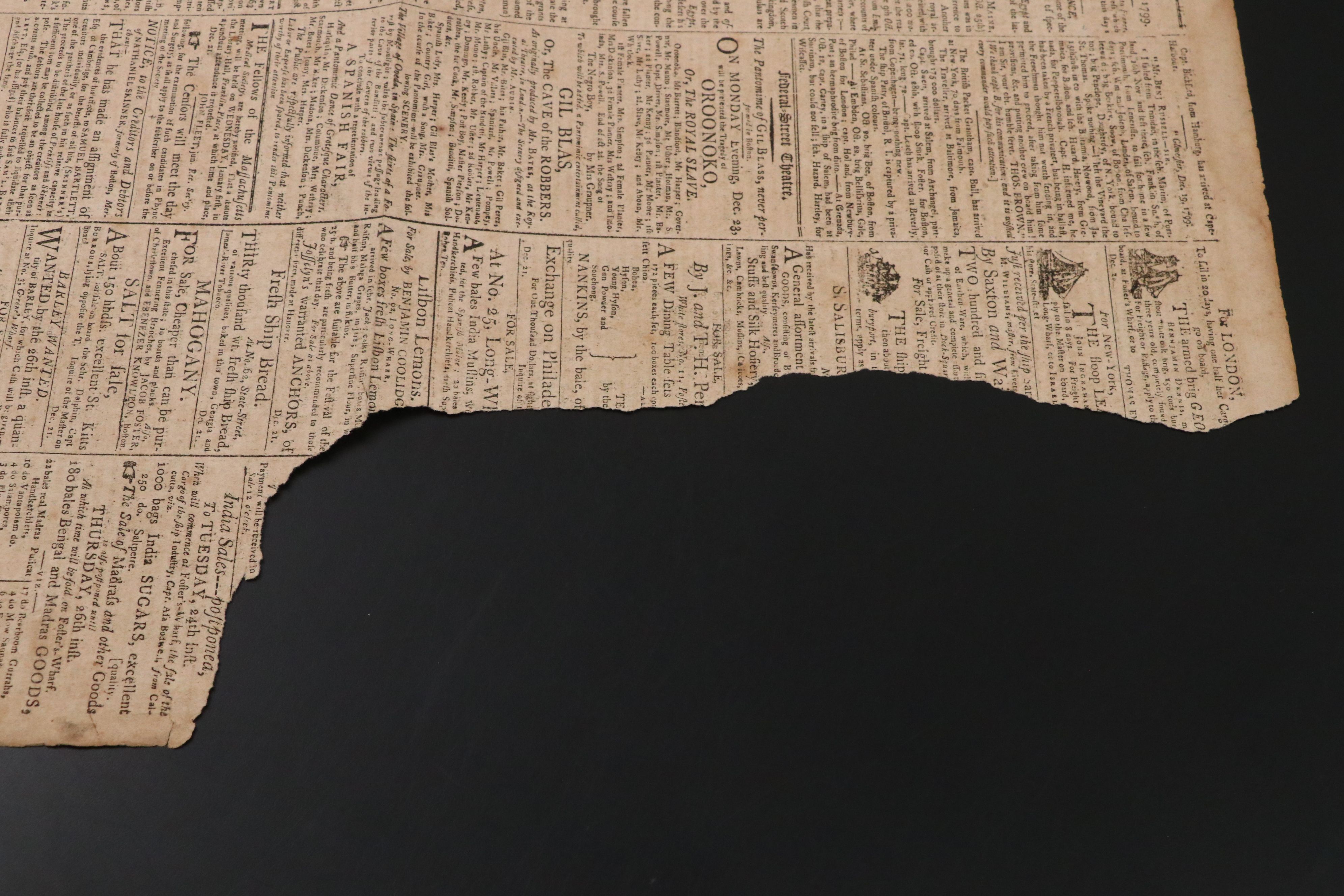 "Columbian Centinel" Massachusetts Federalist Newspaper, 1799