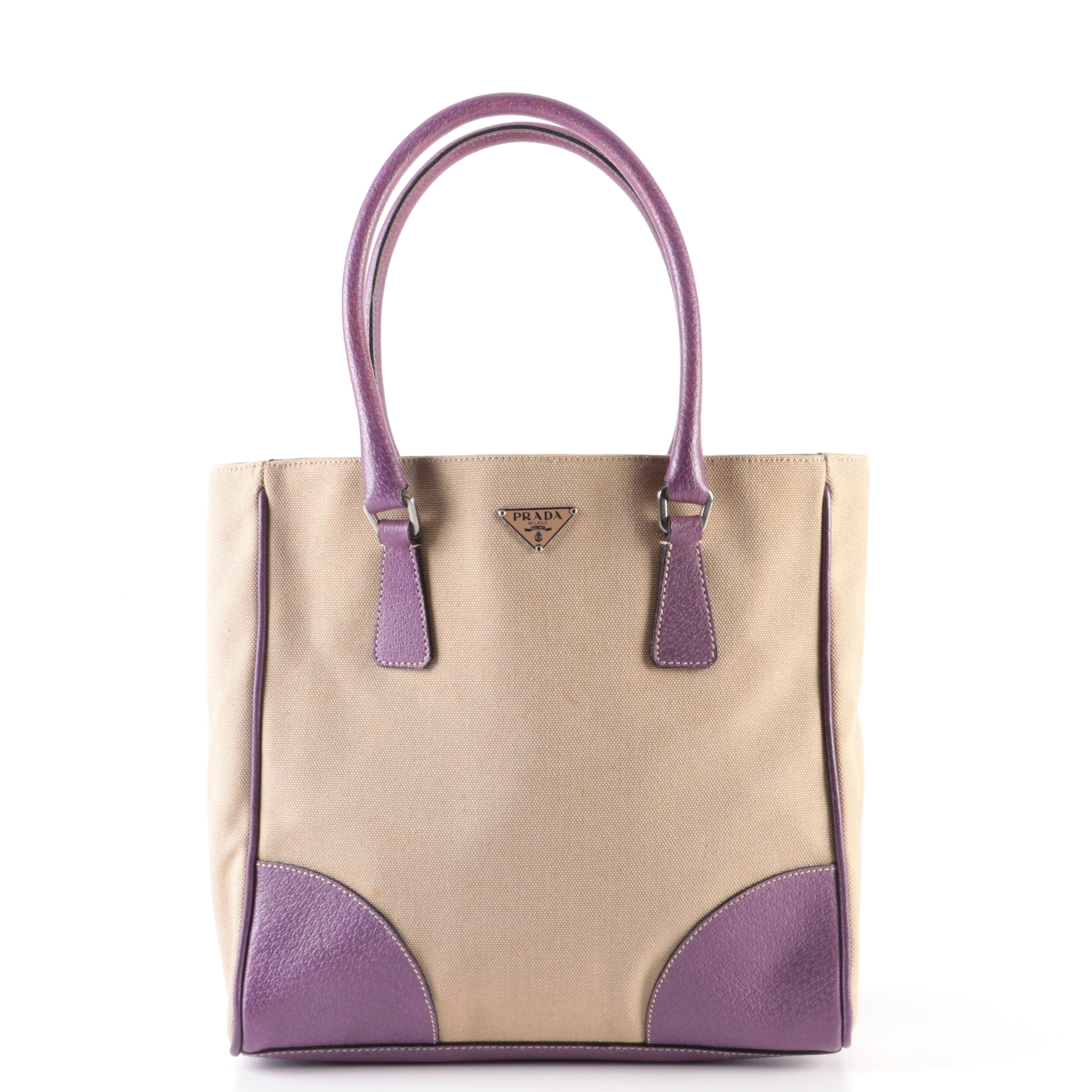 Prada Tote Bag in Beige Canvas and Purple Leather