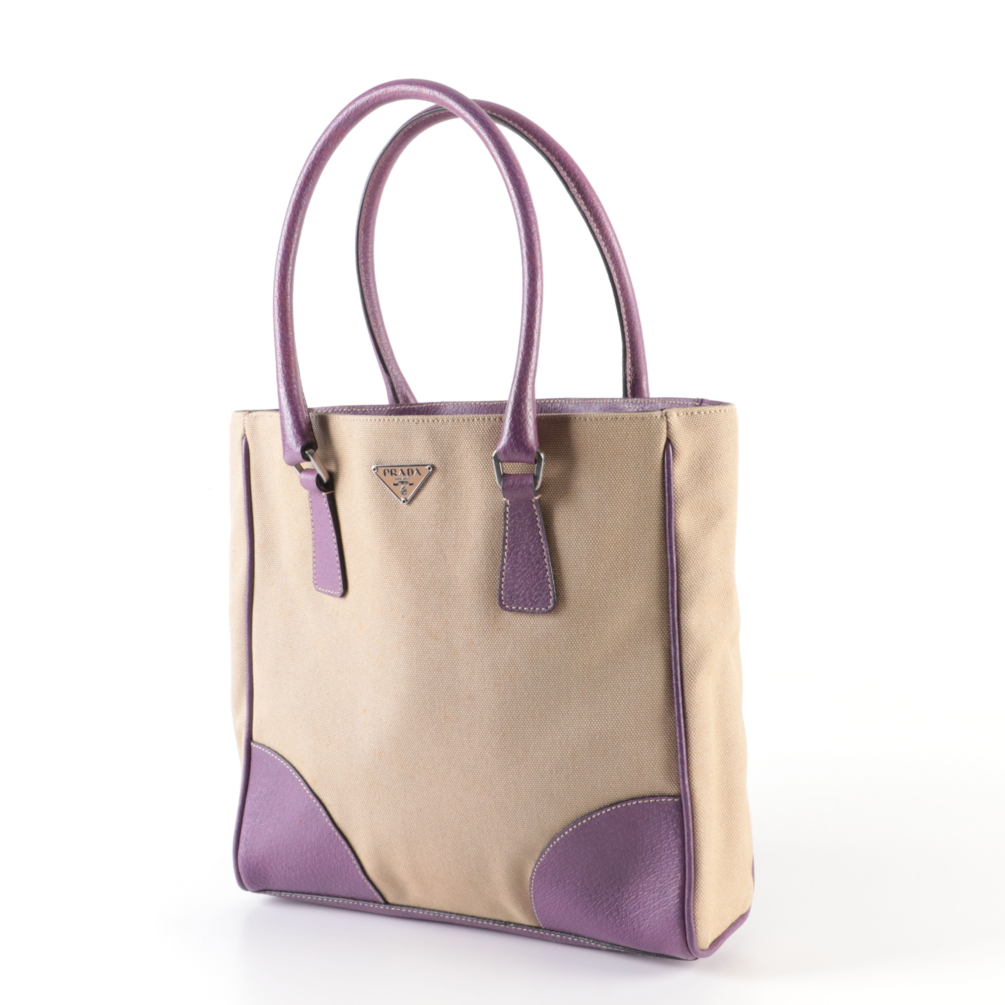 Prada Tote Bag in Beige Canvas and Purple Leather