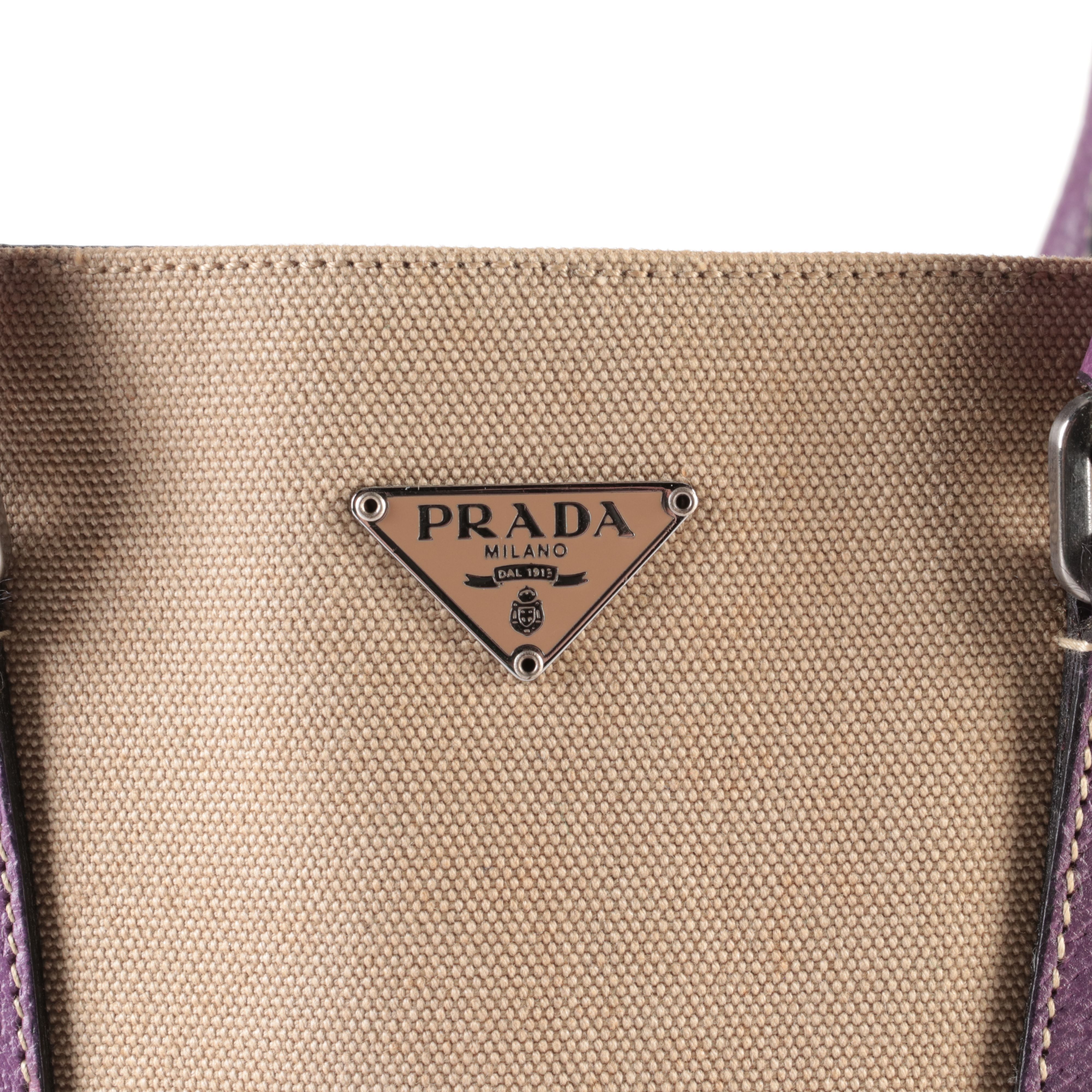 Prada Tote Bag in Beige Canvas and Purple Leather