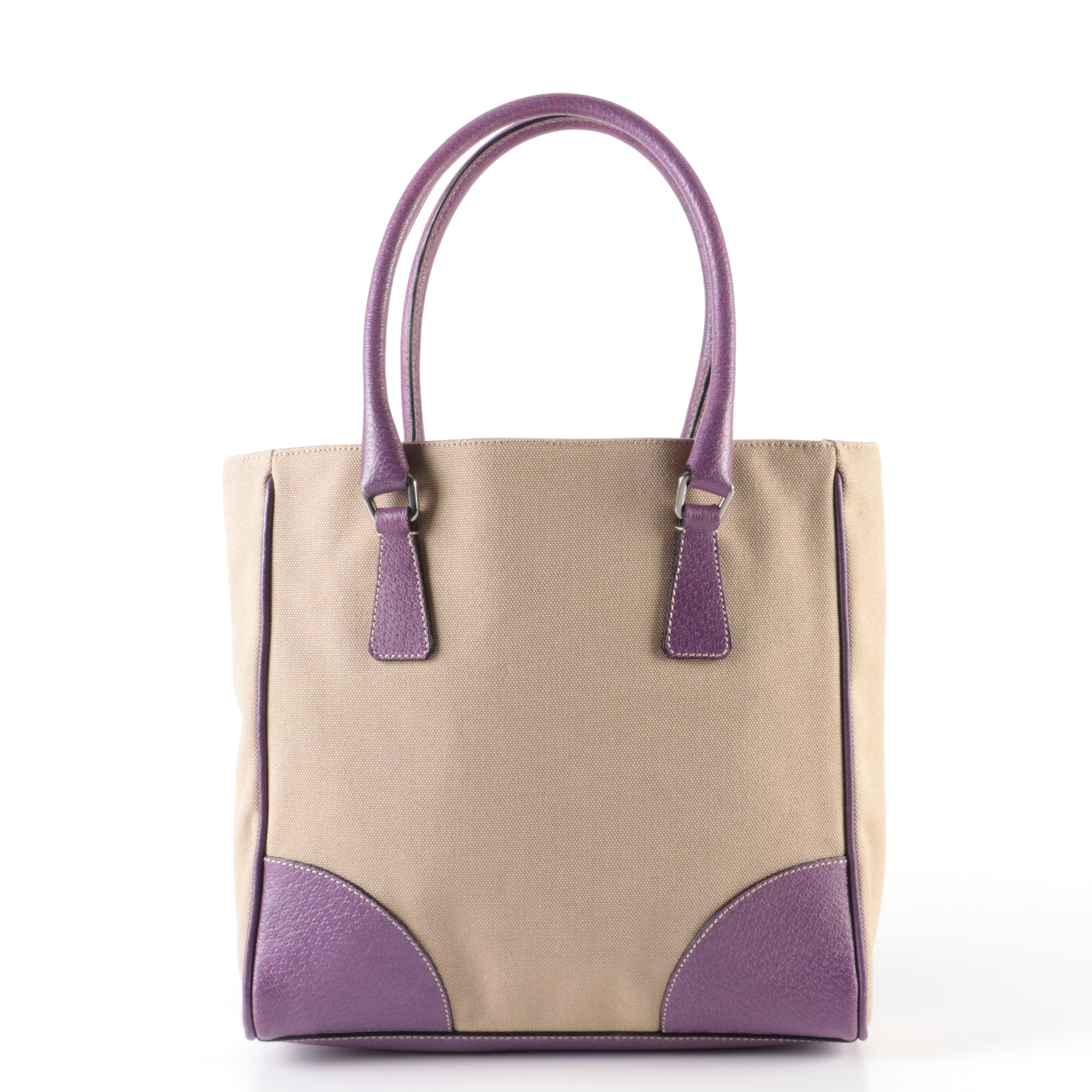 Prada Tote Bag in Beige Canvas and Purple Leather