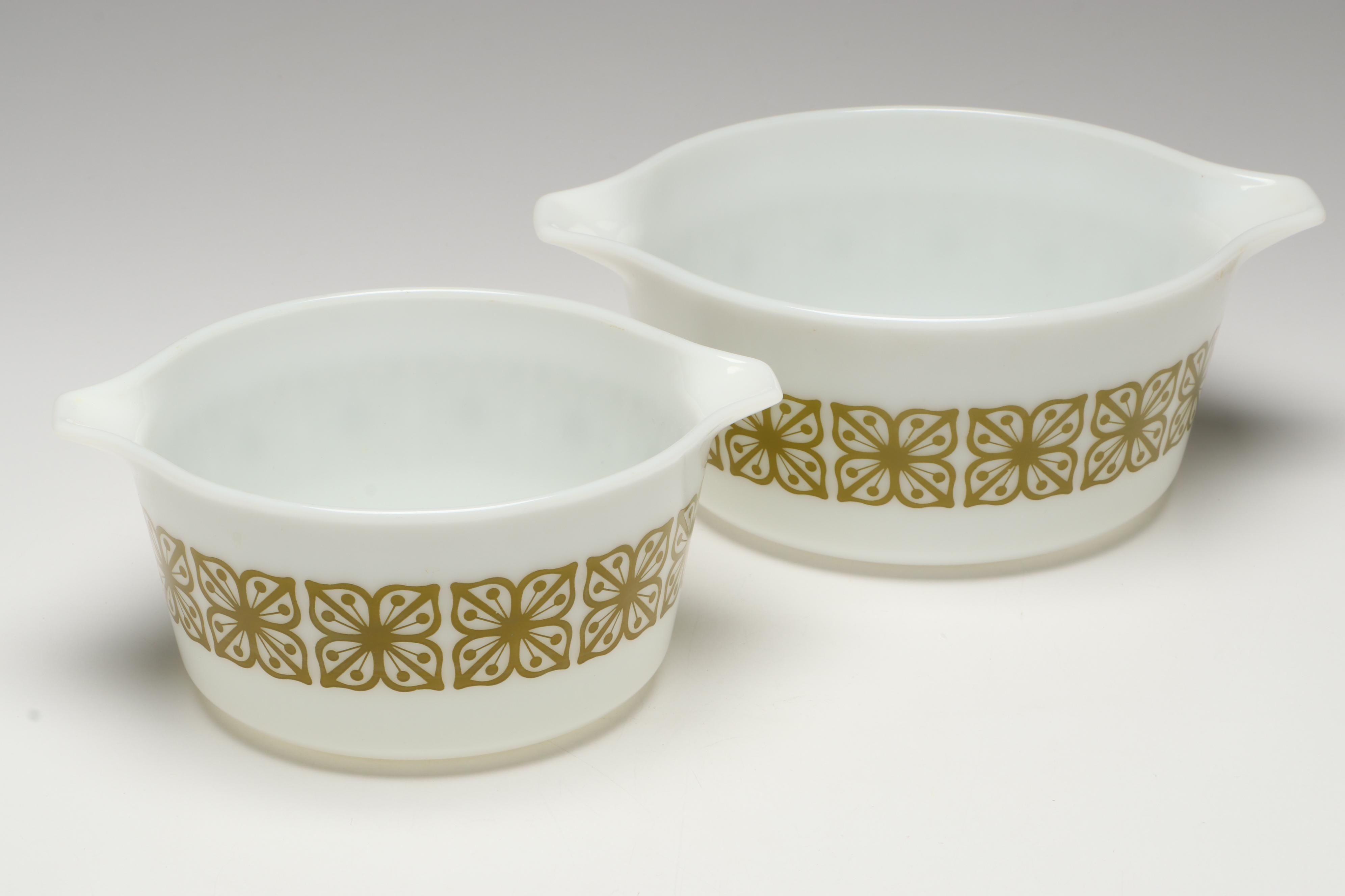 Pyrex "Crazy Daisy" Cinderella Mixing Bowls with "Verde" Round Casseroles