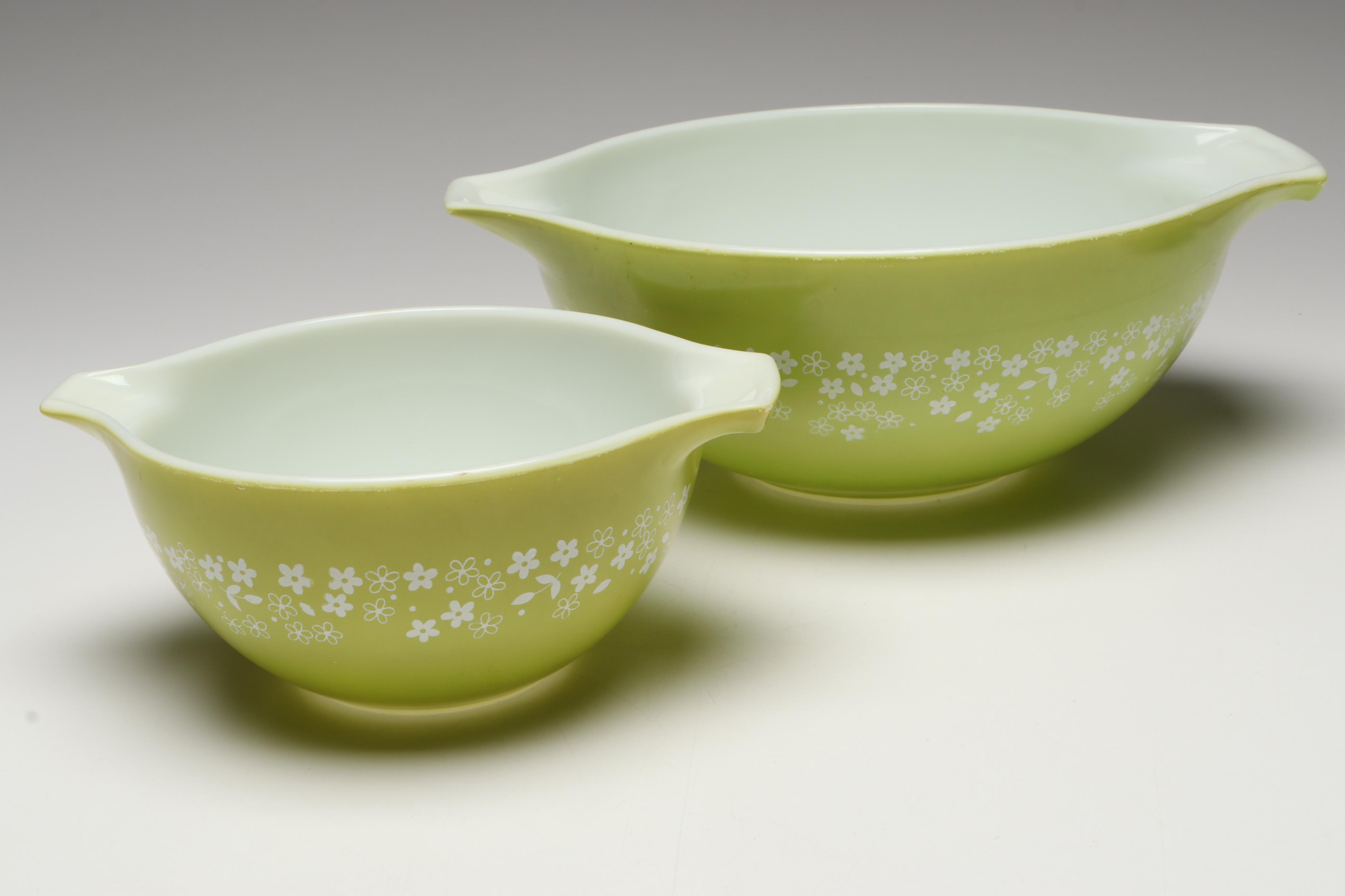 Pyrex "Crazy Daisy" Cinderella Mixing Bowls with "Verde" Round Casseroles